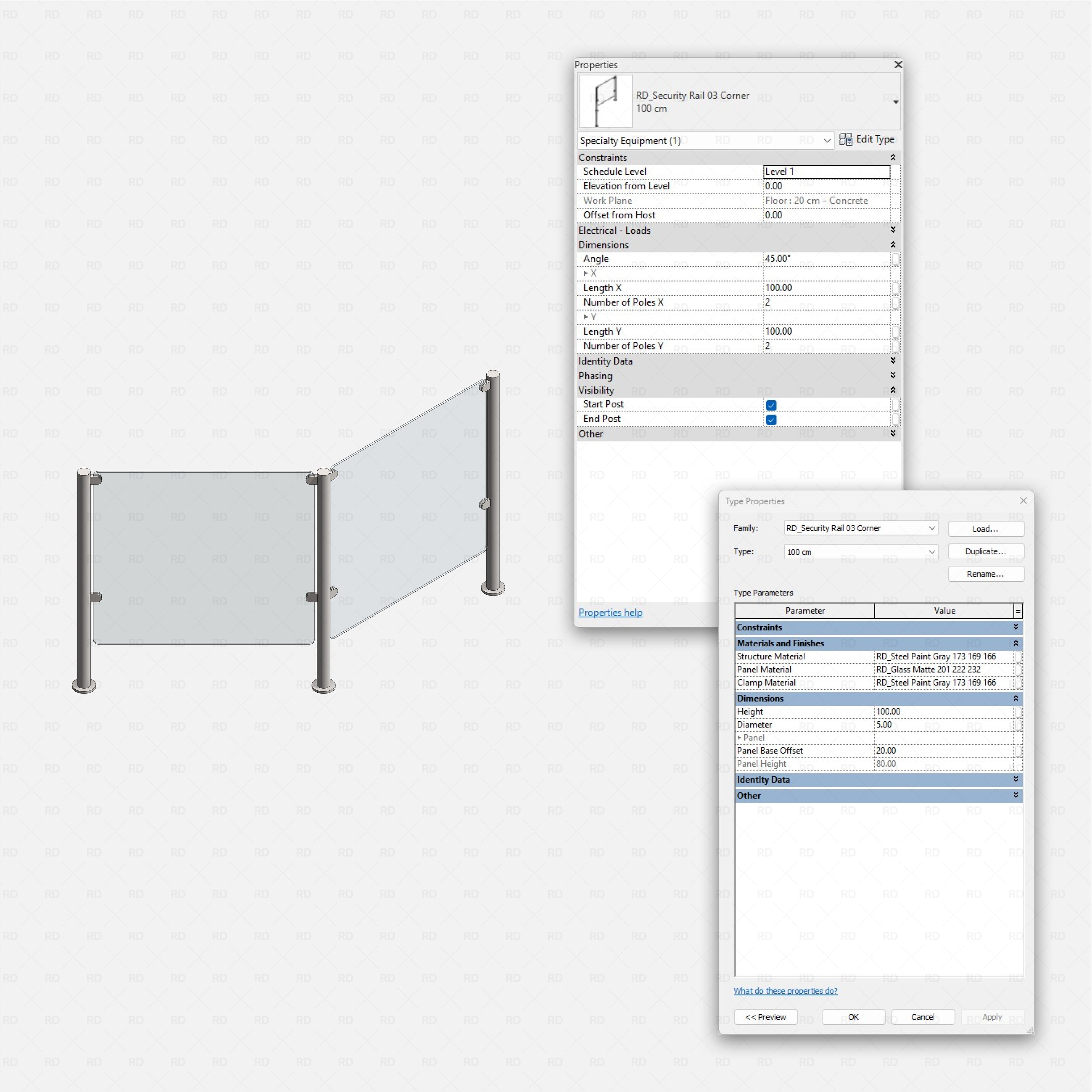 Revit security rails and posts RD Studio BIM blocks rfa corner security rail