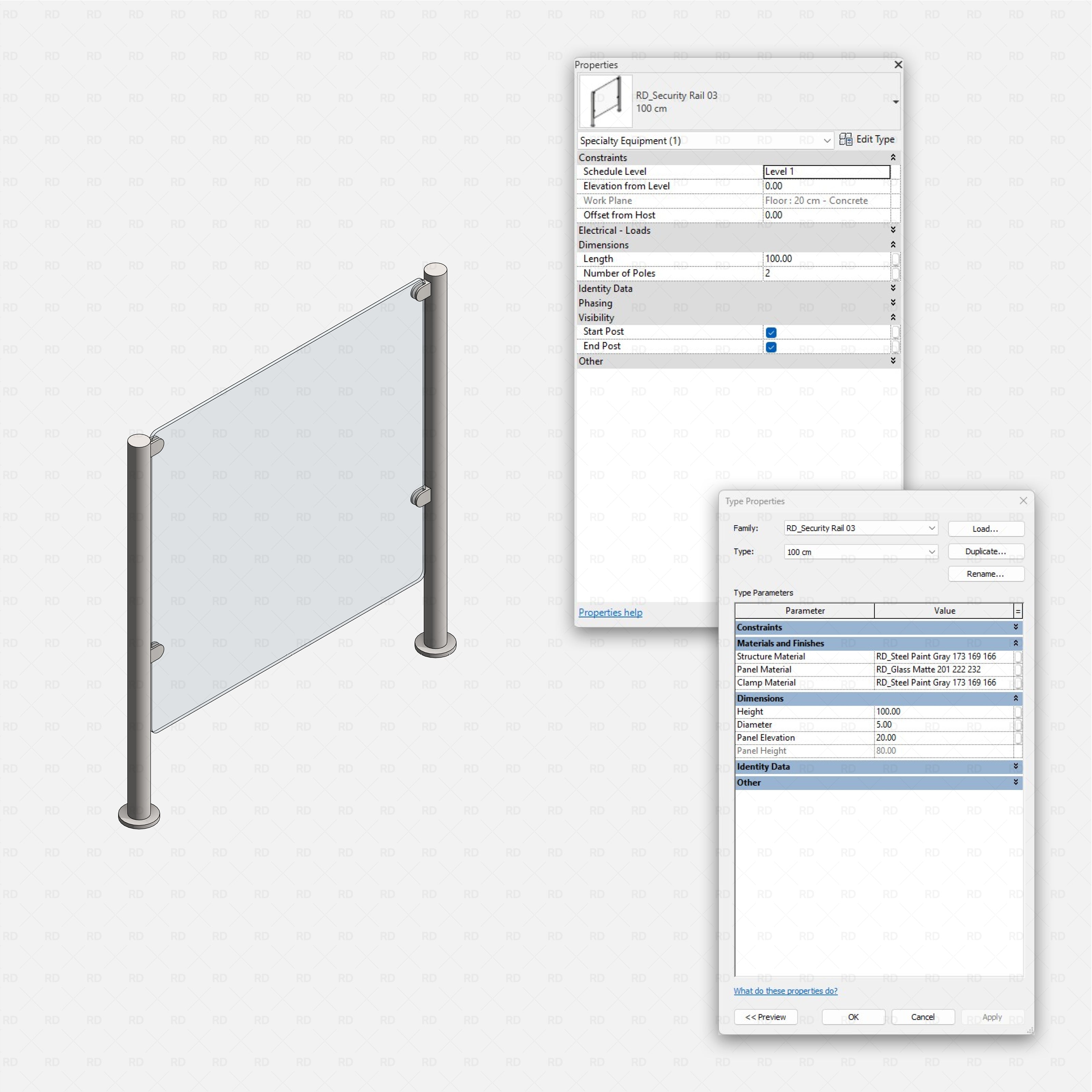 Revit security rails and posts RD Studio BIM blocks rfa 