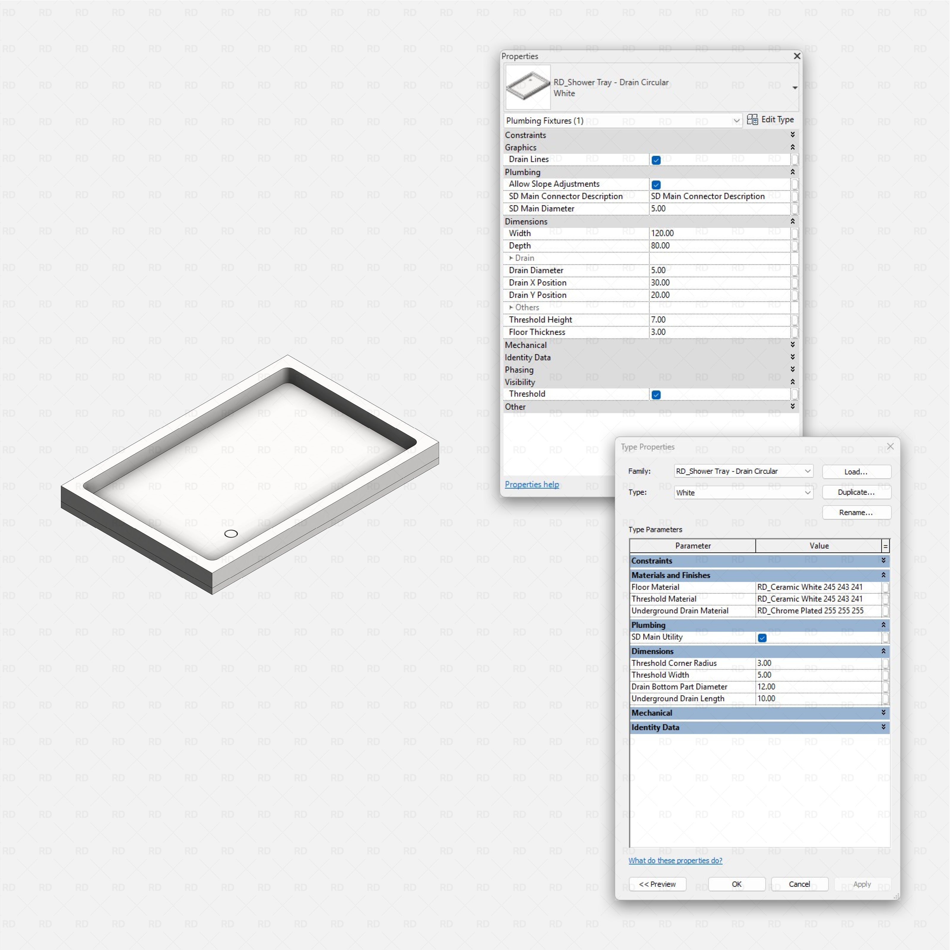 Revit shwer tray Pack RD Studio BIM blocks rfa shower tray drain circular