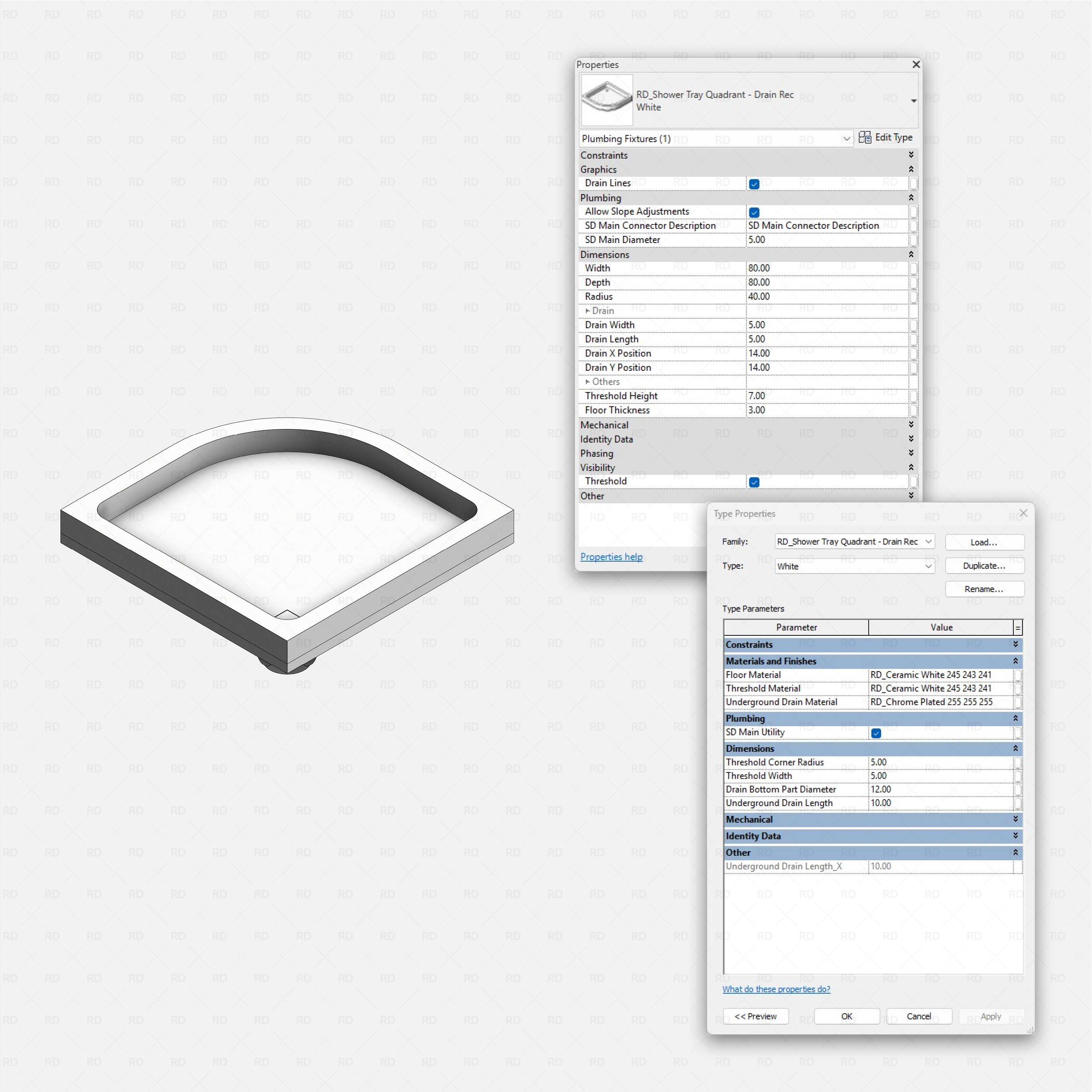 Revit shower tray Pack RD Studio BIM blocks rfa quadrant