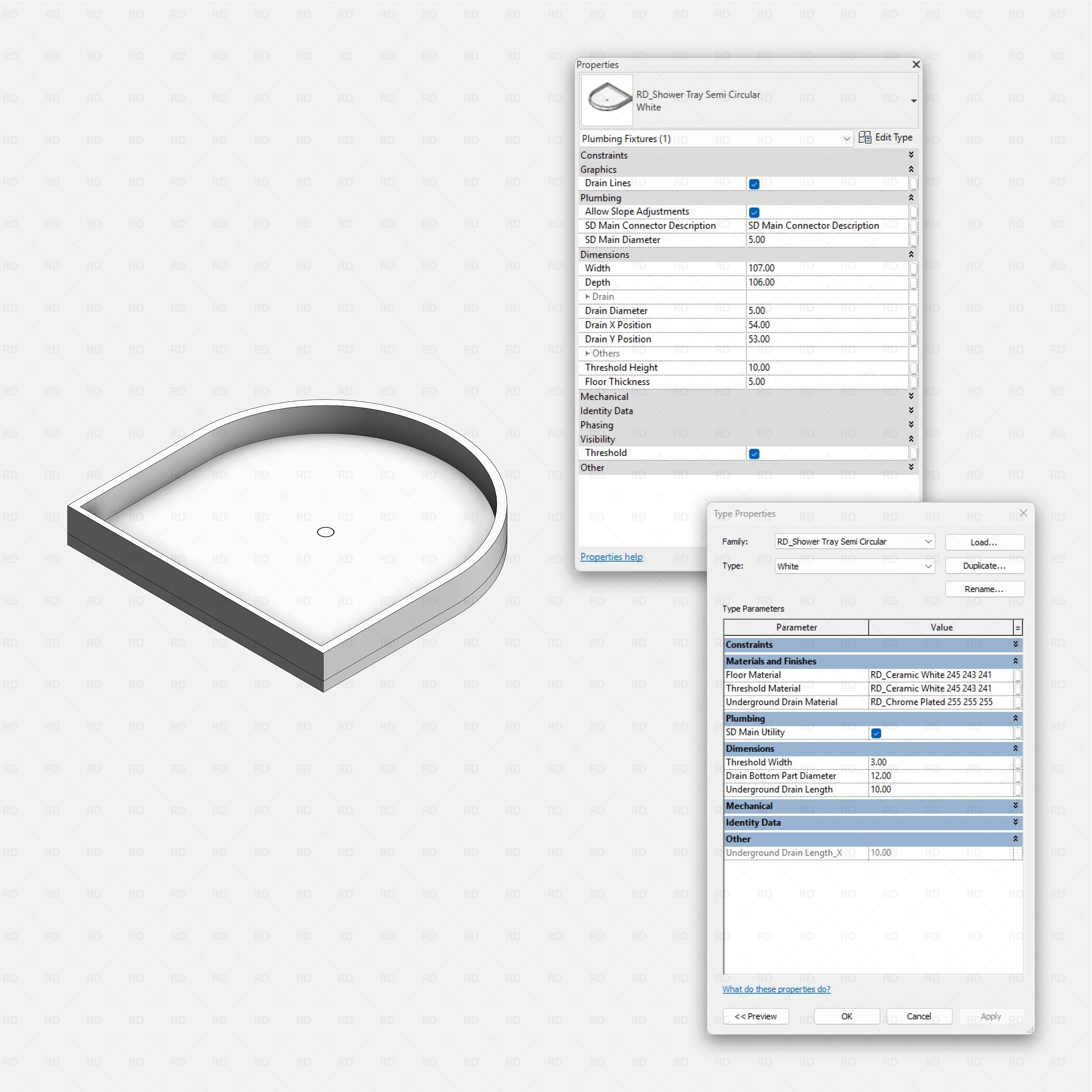 Revit shower tray Pack RD Studio BIM blocks rfa semi circular