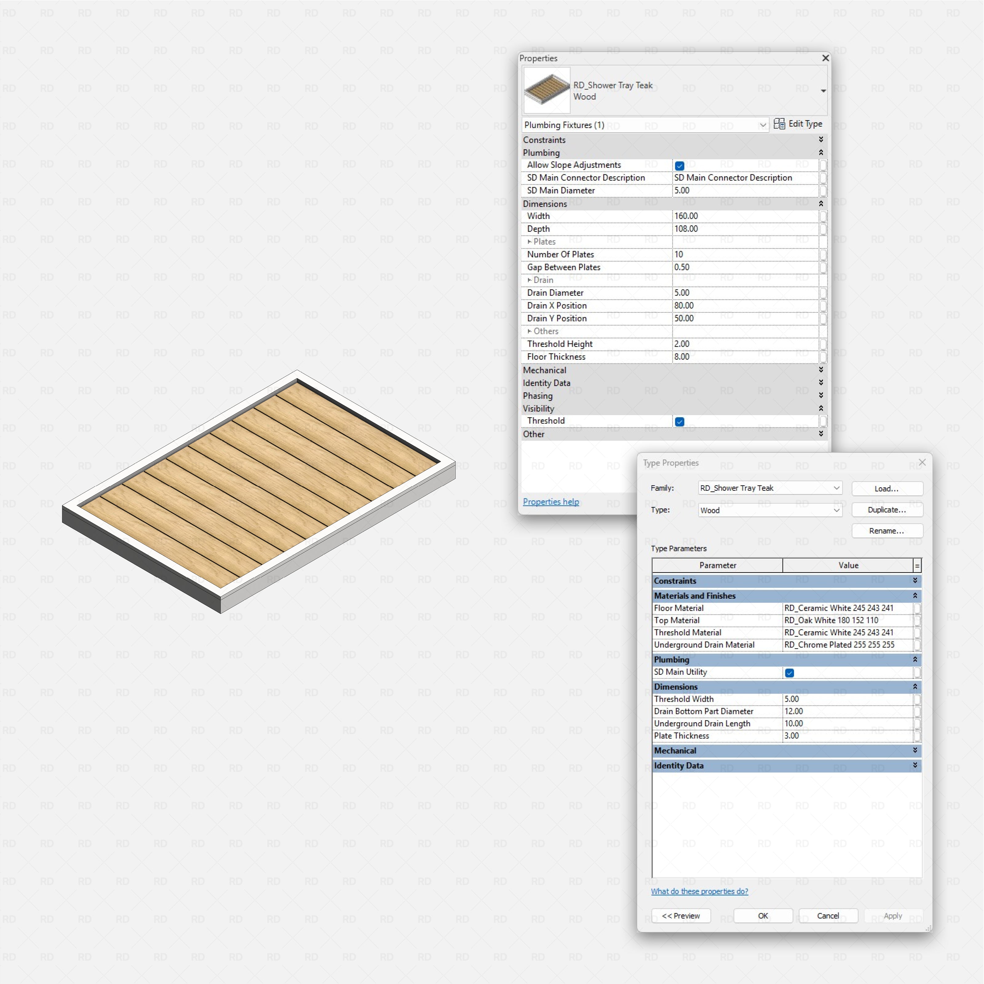 Revit shower tray Pack RD Studio BIM blocks rfa shower tray teak