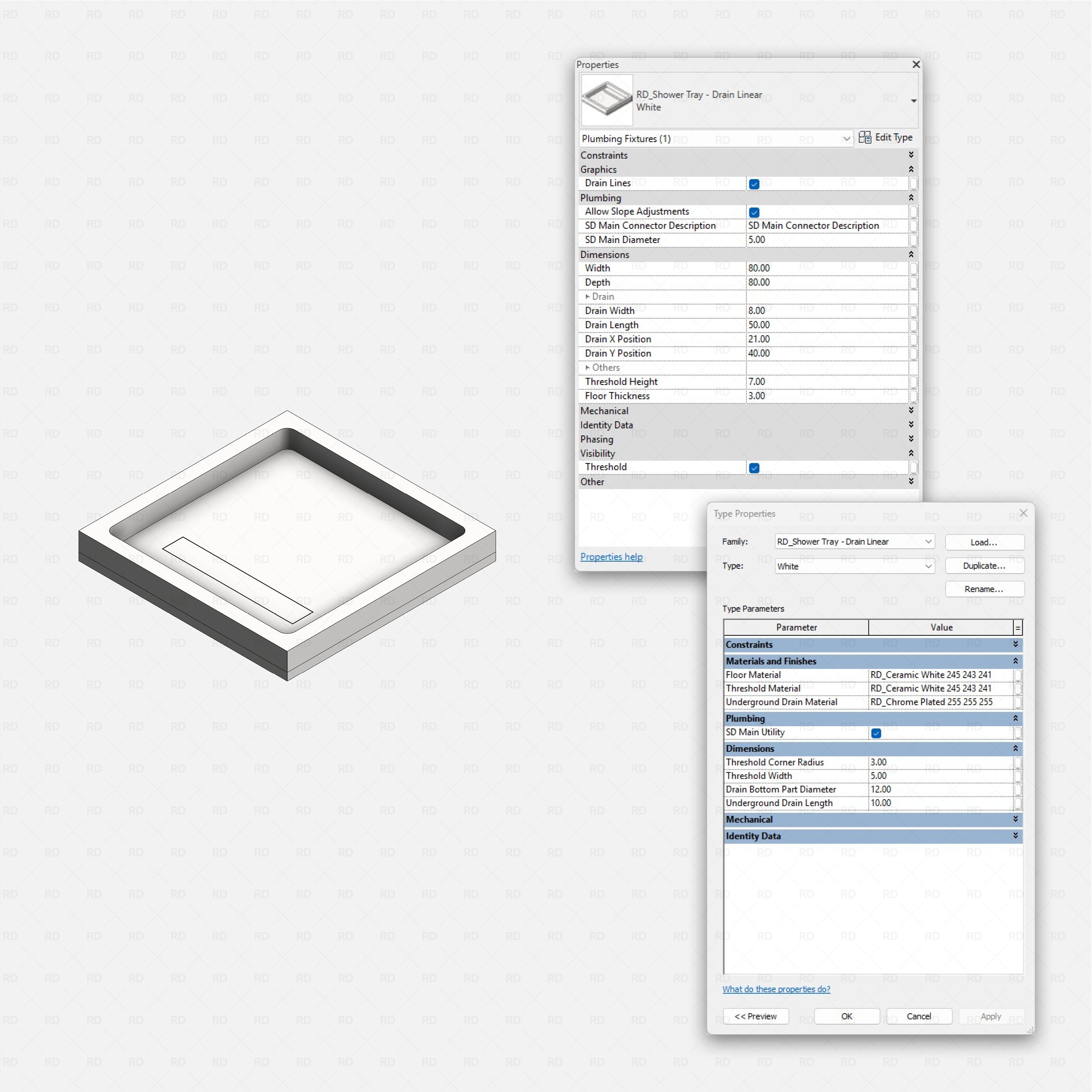 Revit shower tray Pack RD Studio BIM blocks rfa drain linear