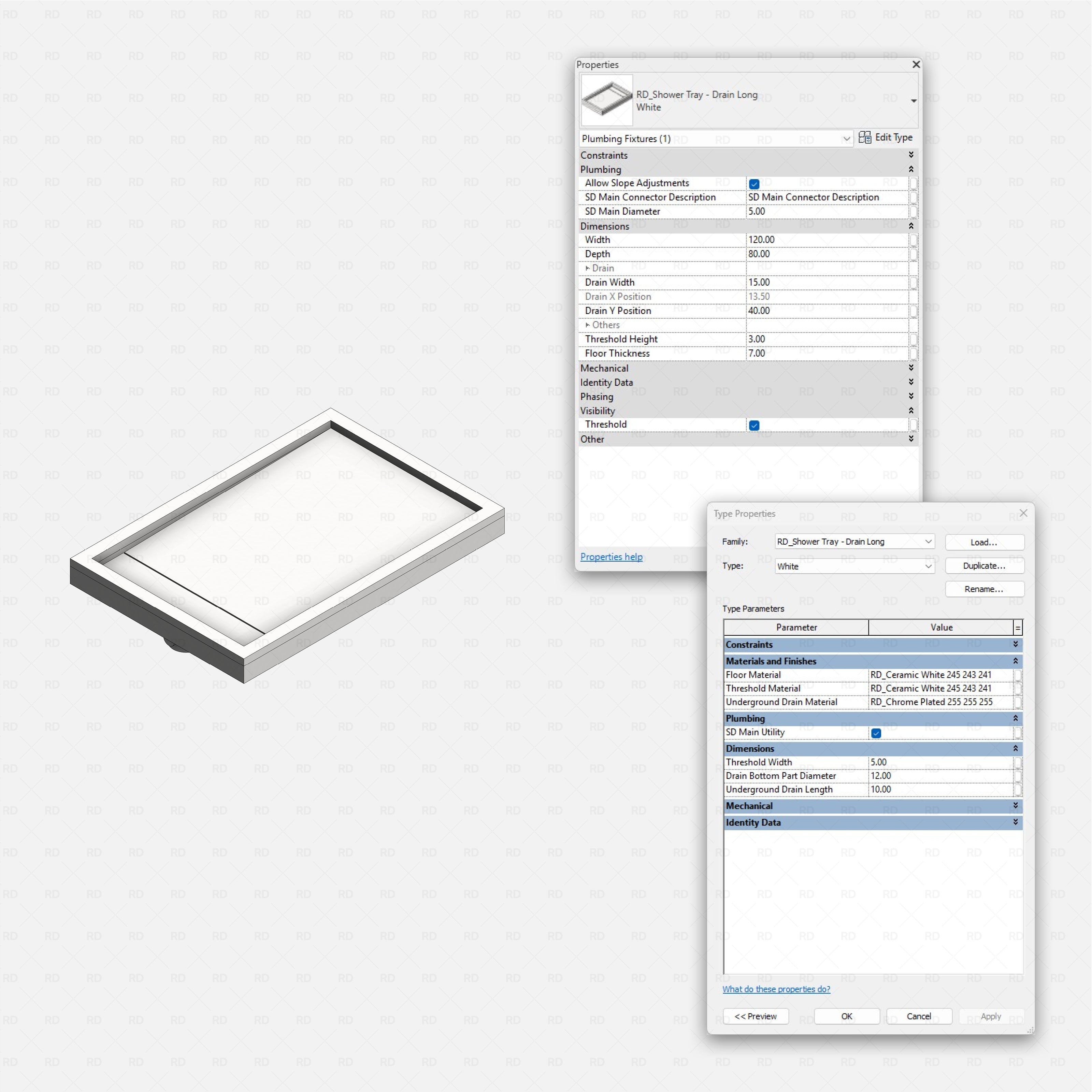 Revit shower tray Pack RD Studio BIM blocks rfa shower tray drain long