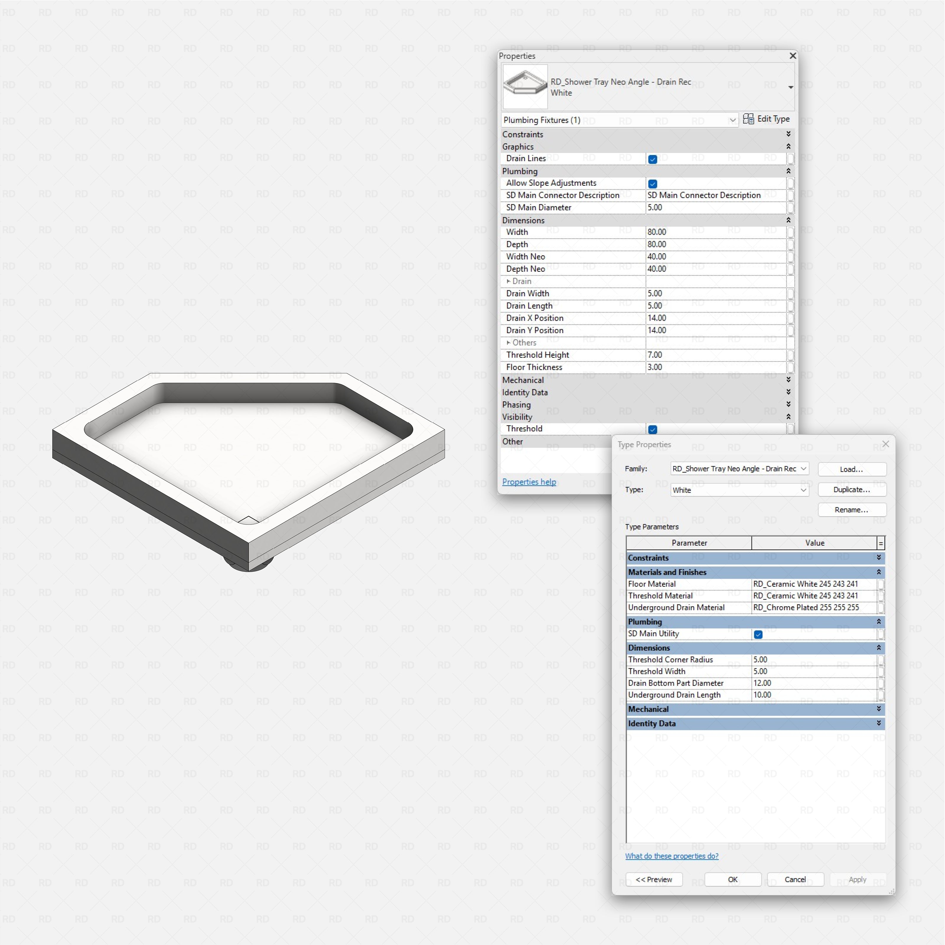 Revit shower tray Pack RD Studio BIM blocks rfa neo angle