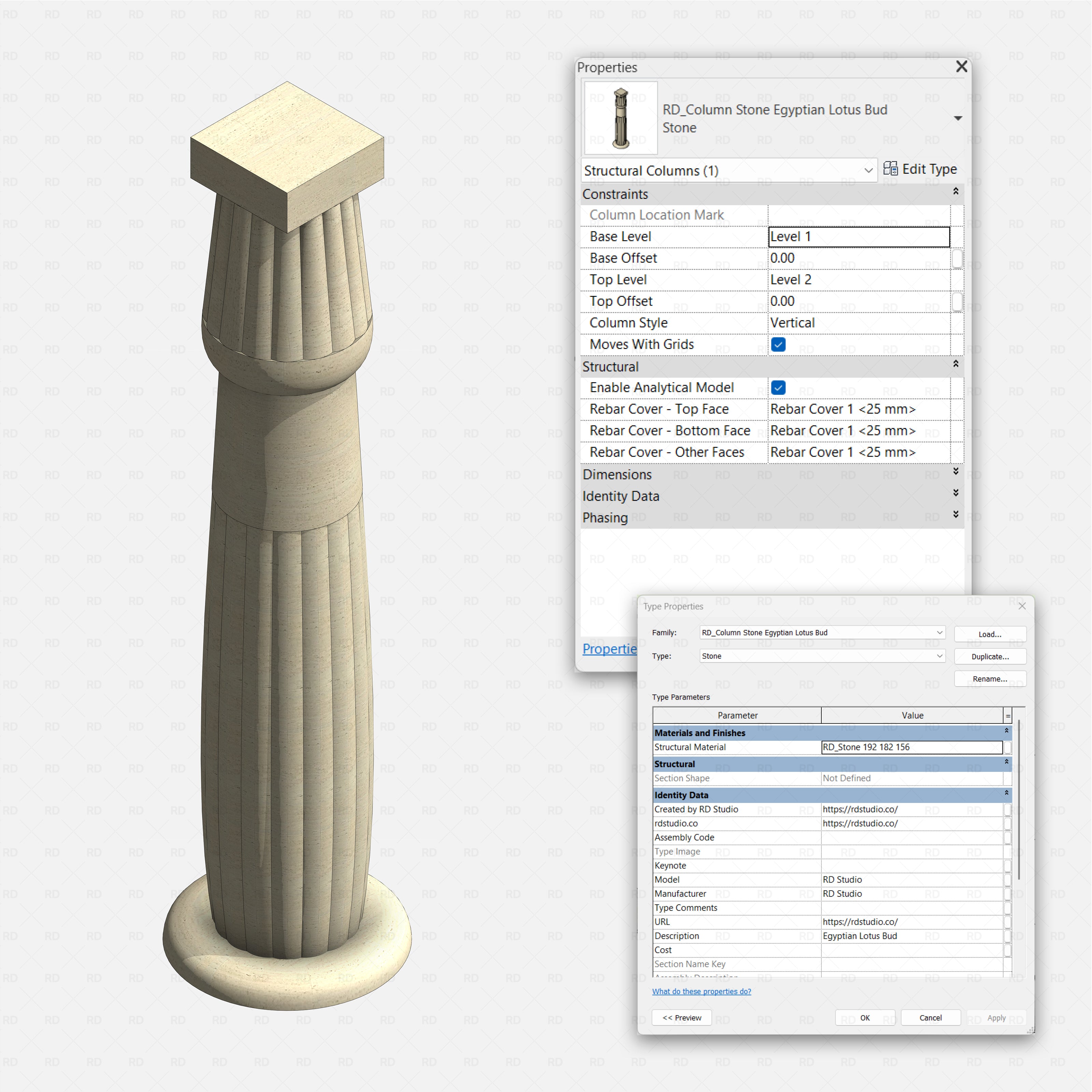 Revit classical stone columns Pack RD Studio BIM blocks rfa Egyptian Lotus Bud fluted stone column with Revit properties