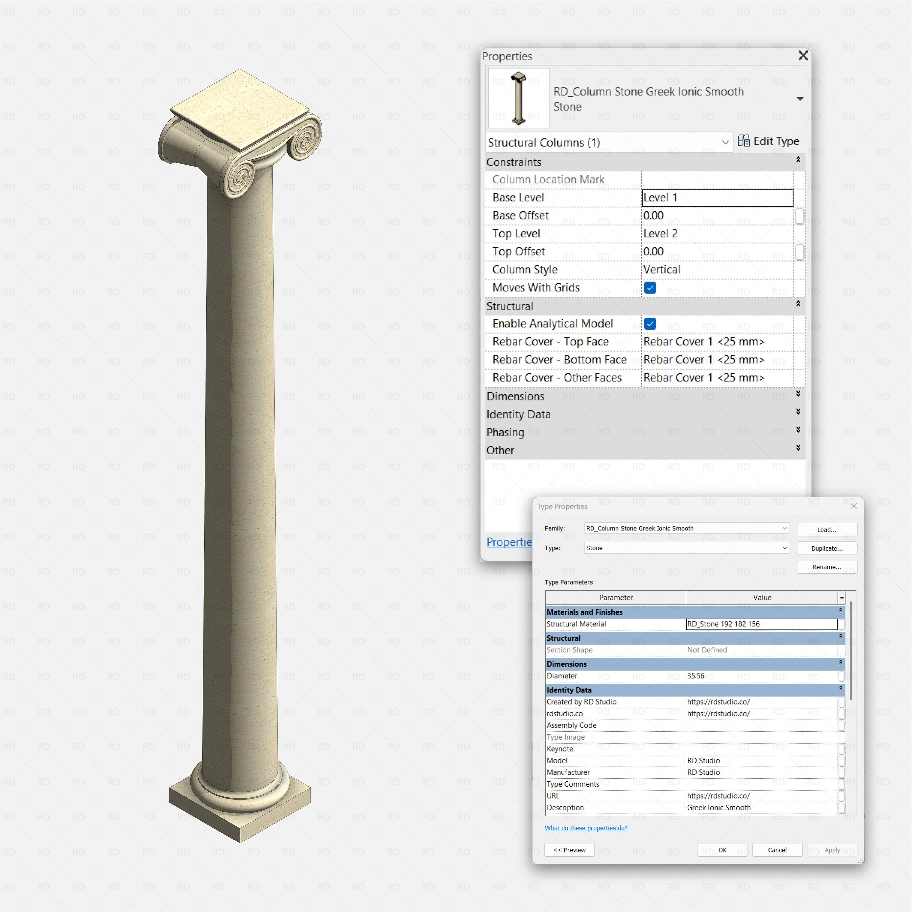 Revit classical stone columns Pack RD Studio BIM blocks rfa Greek Ionic smooth stone column with scroll capital and properties