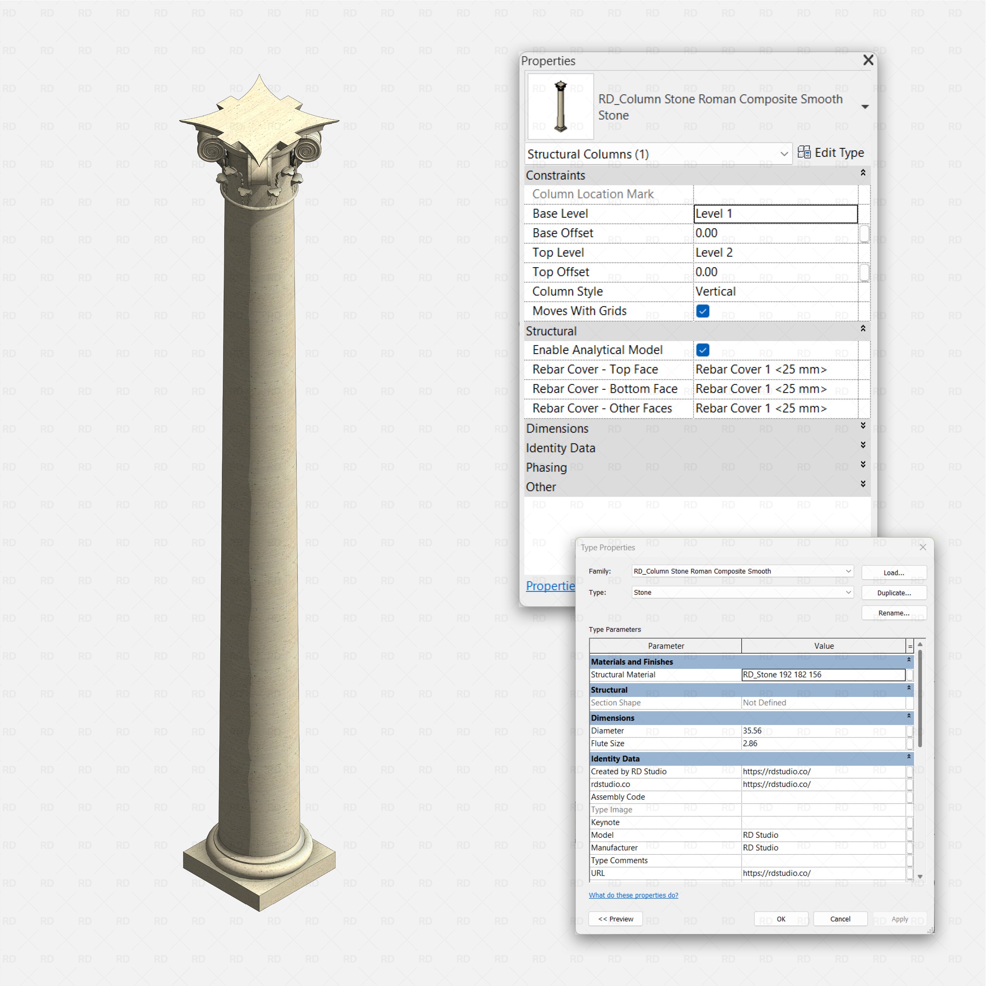 Revit classical stone columns Pack RD Studio BIM blocks rfa Roman Composite smooth stone structural column family properties