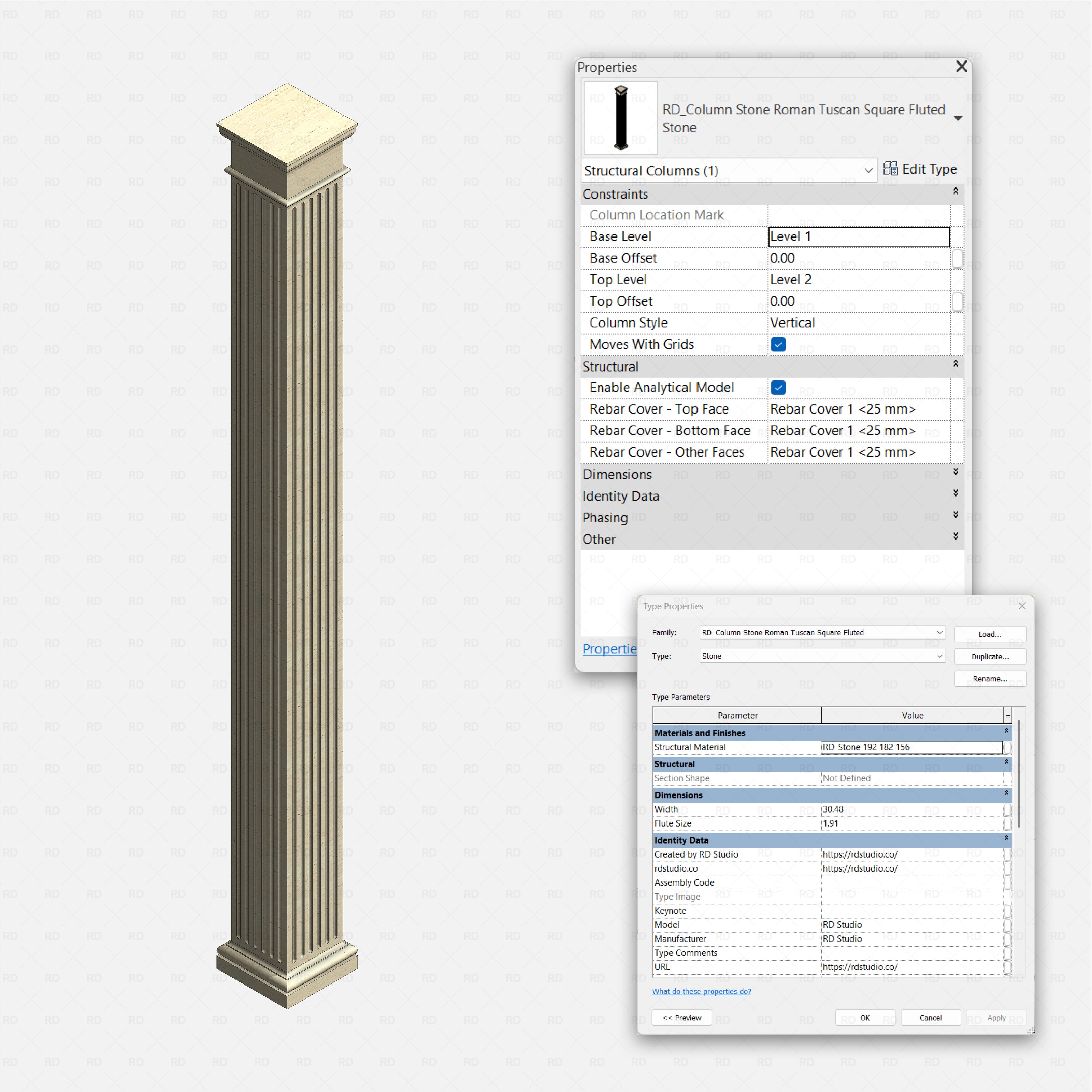 Revit classical stone columns Pack RD Studio BIM blocks rfa Roman Tuscan square fluted stone structural column front view