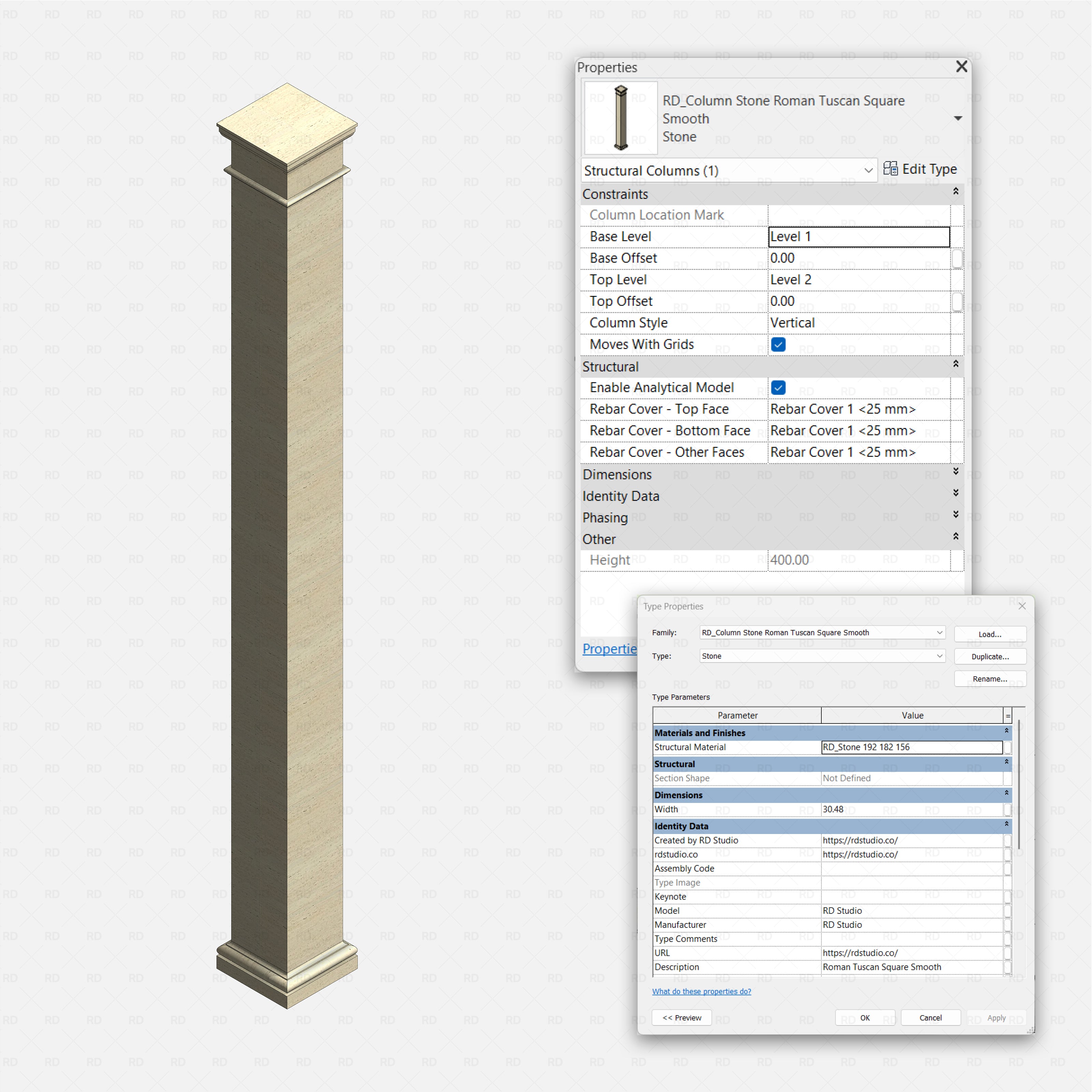 Revit classical stone columns Pack RD Studio BIM blocks rfa Roman Tuscan square smooth stone structural column with height