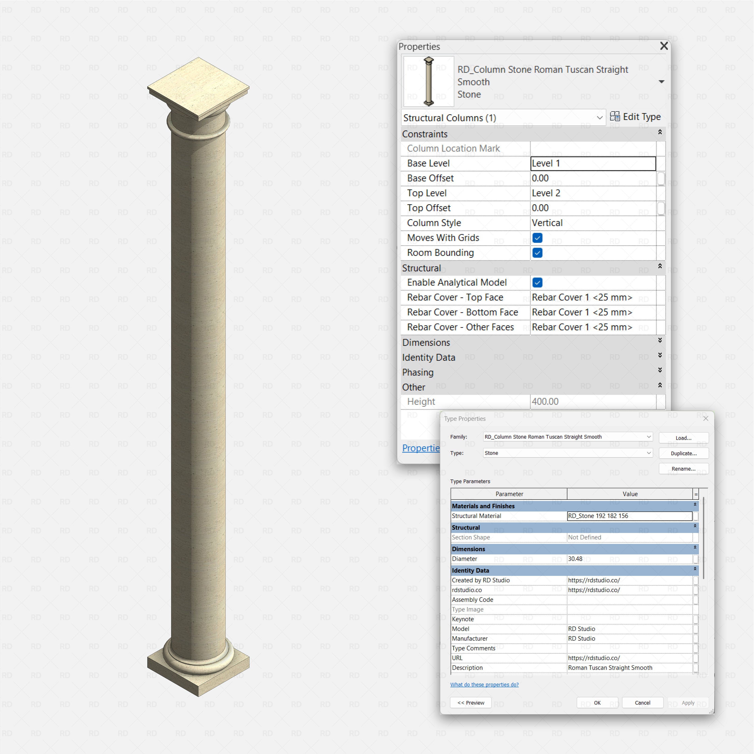 Revit classical stone columns Pack RD Studio BIM blocks rfa Roman Tuscan straight smooth stone structural column family