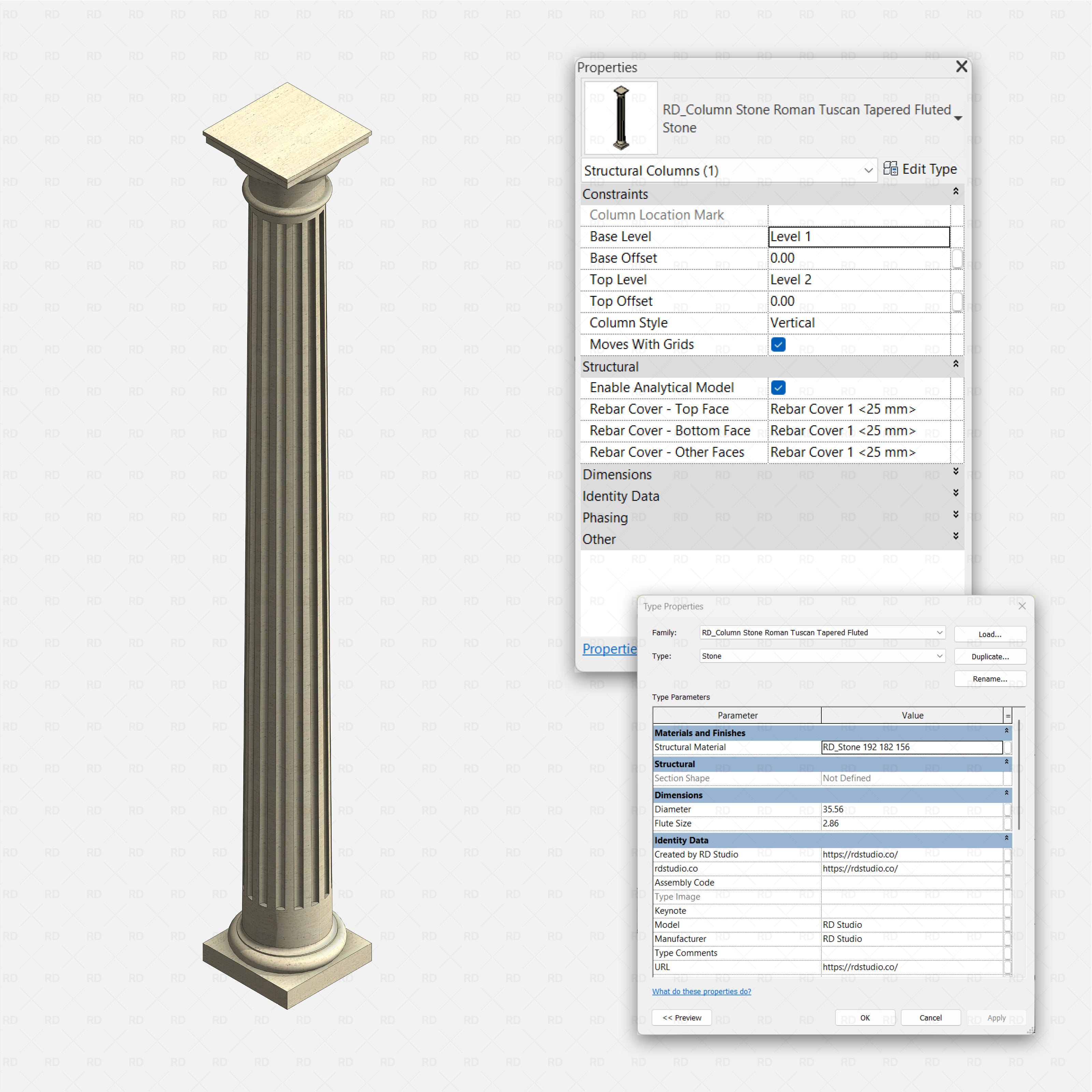 Revit classical stone columns Pack RD Studio BIM blocks rfa Roman Tuscan tapered fluted stone structural column Revit view