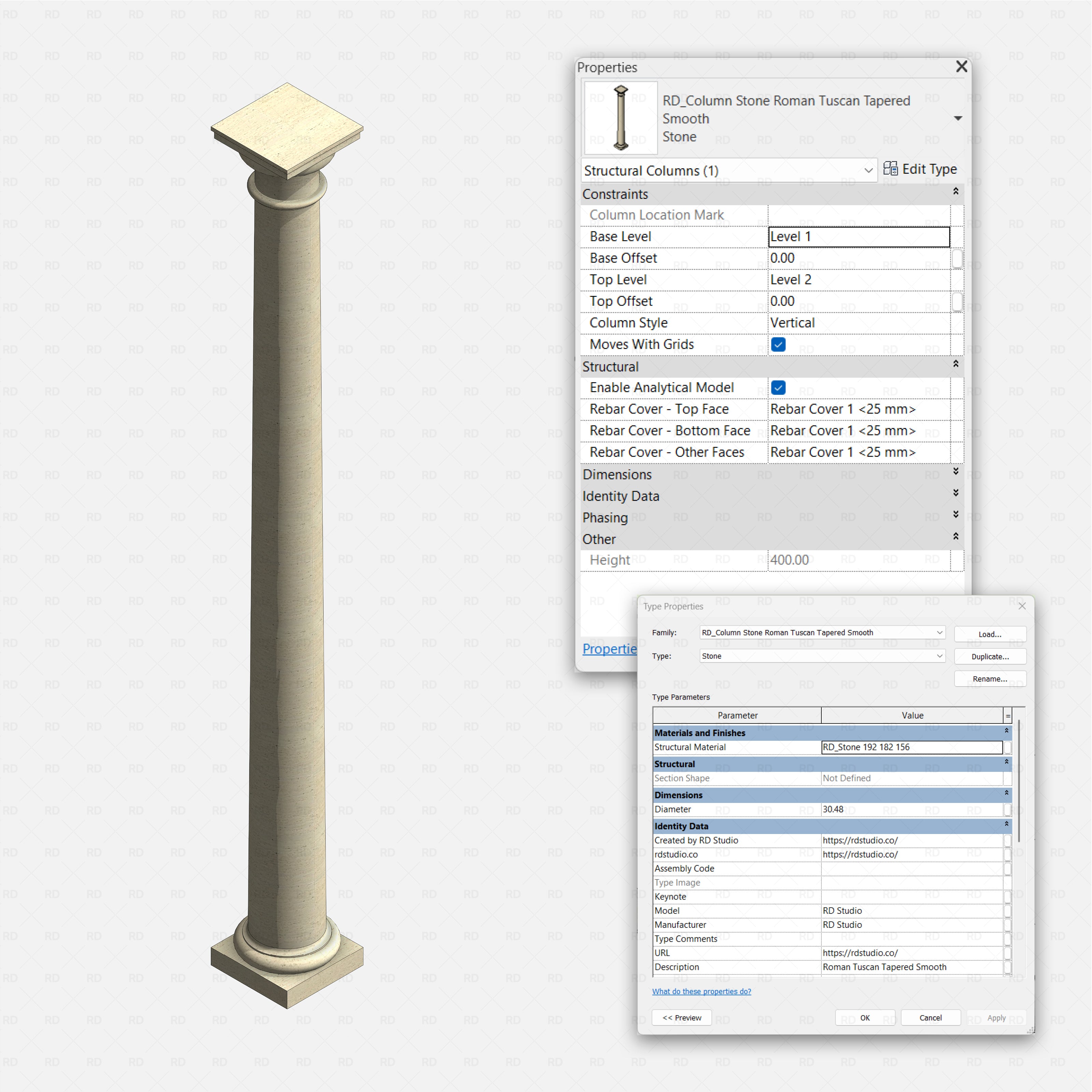 Revit classical stone columns Pack RD Studio BIM blocks rfa Roman Tuscan tapered smooth stone structural column with type data