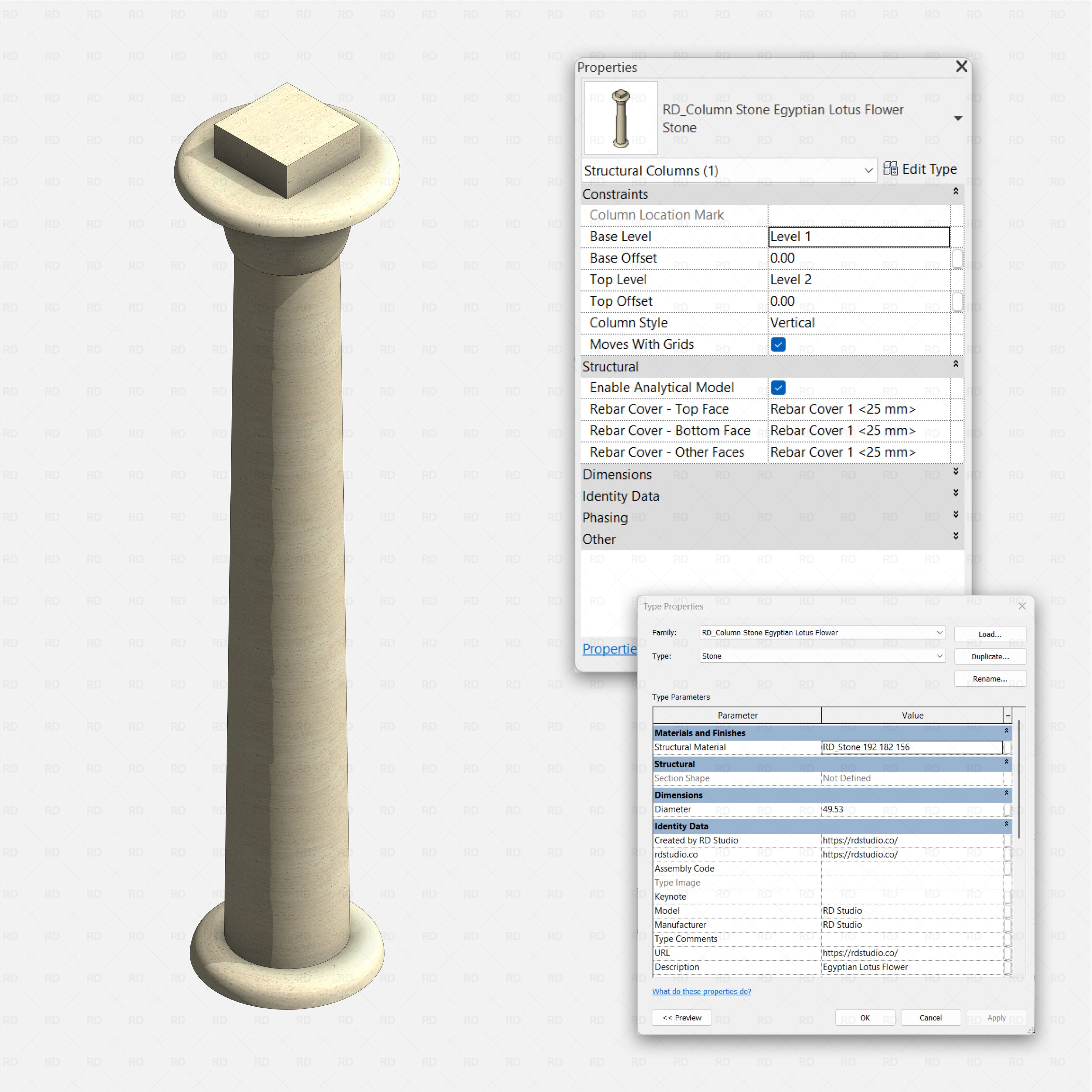 Revit classical stone columns Pack RD Studio BIM blocks rfa Egyptian Lotus Flower stone structural column with type data