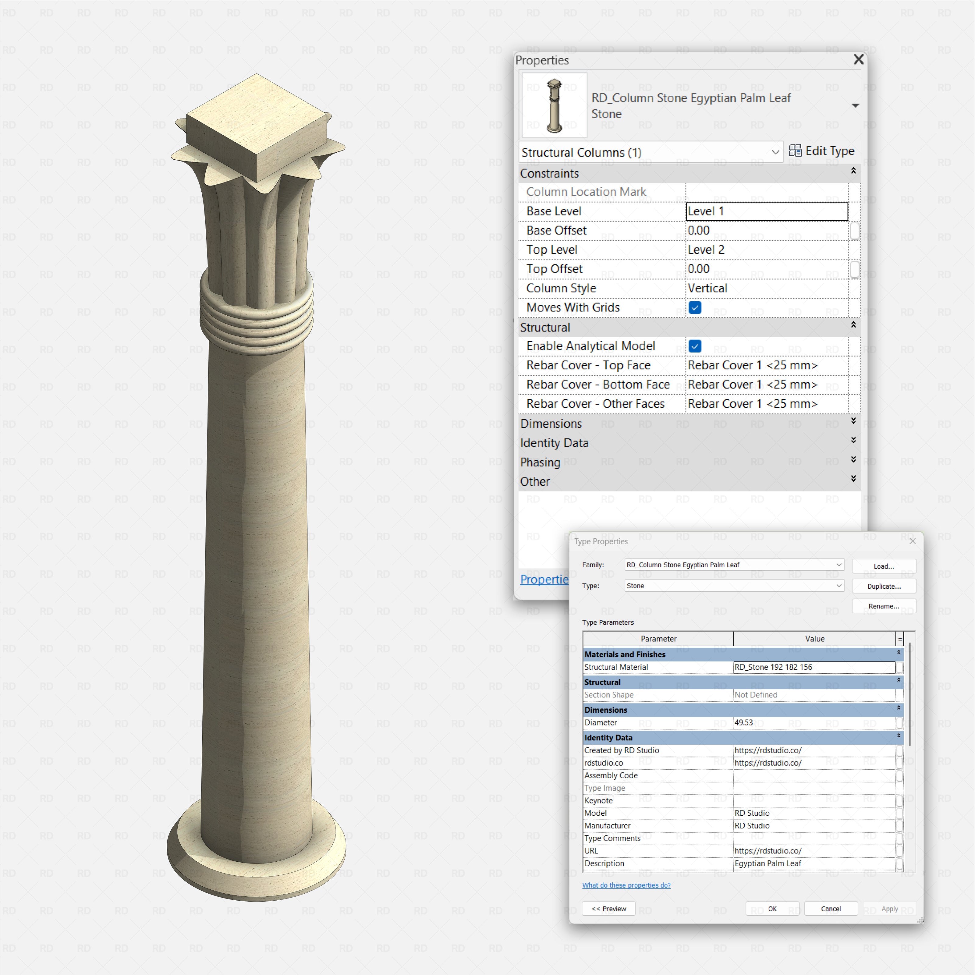 Revit classical stone columns Pack RD Studio BIM blocks rfa Egyptian Palm Leaf stone structural column with Revit properties