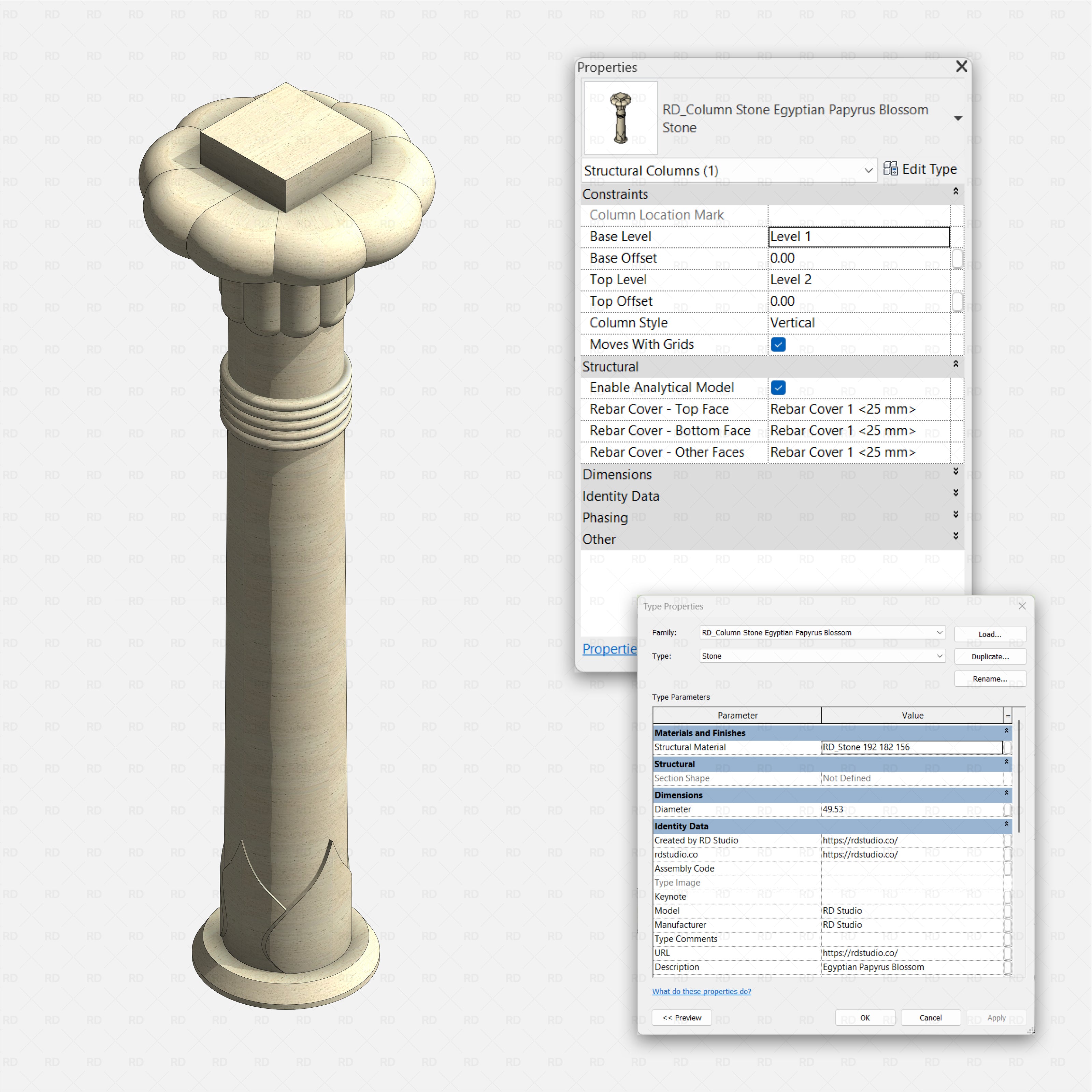 Revit classical stone columns Pack RD Studio BIM blocks rfa Egyptian Papyrus Blossom stone structural column family view