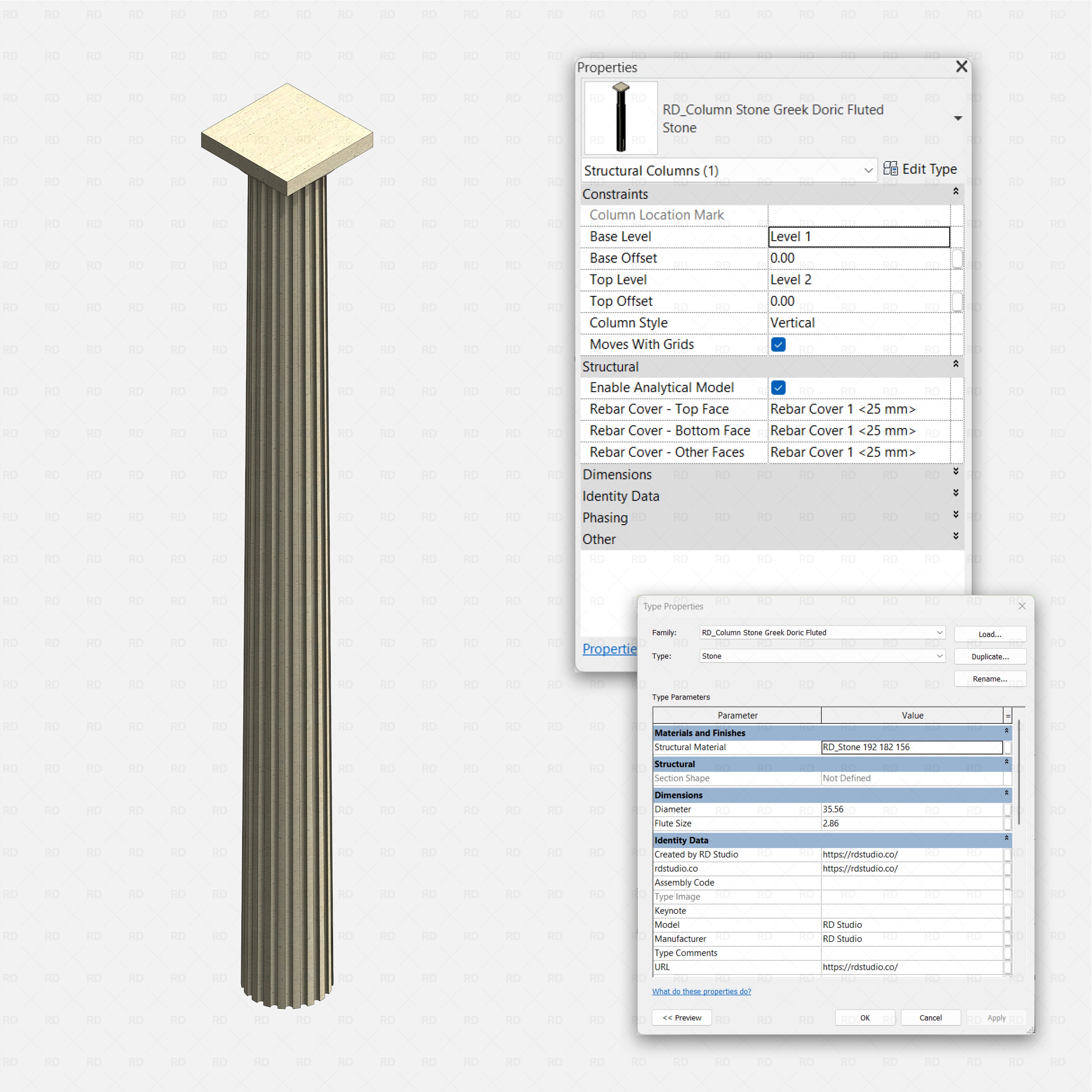 Revit classical stone columns Pack RD Studio BIM blocks rfa Greek Doric fluted stone structural column with Revit parameters