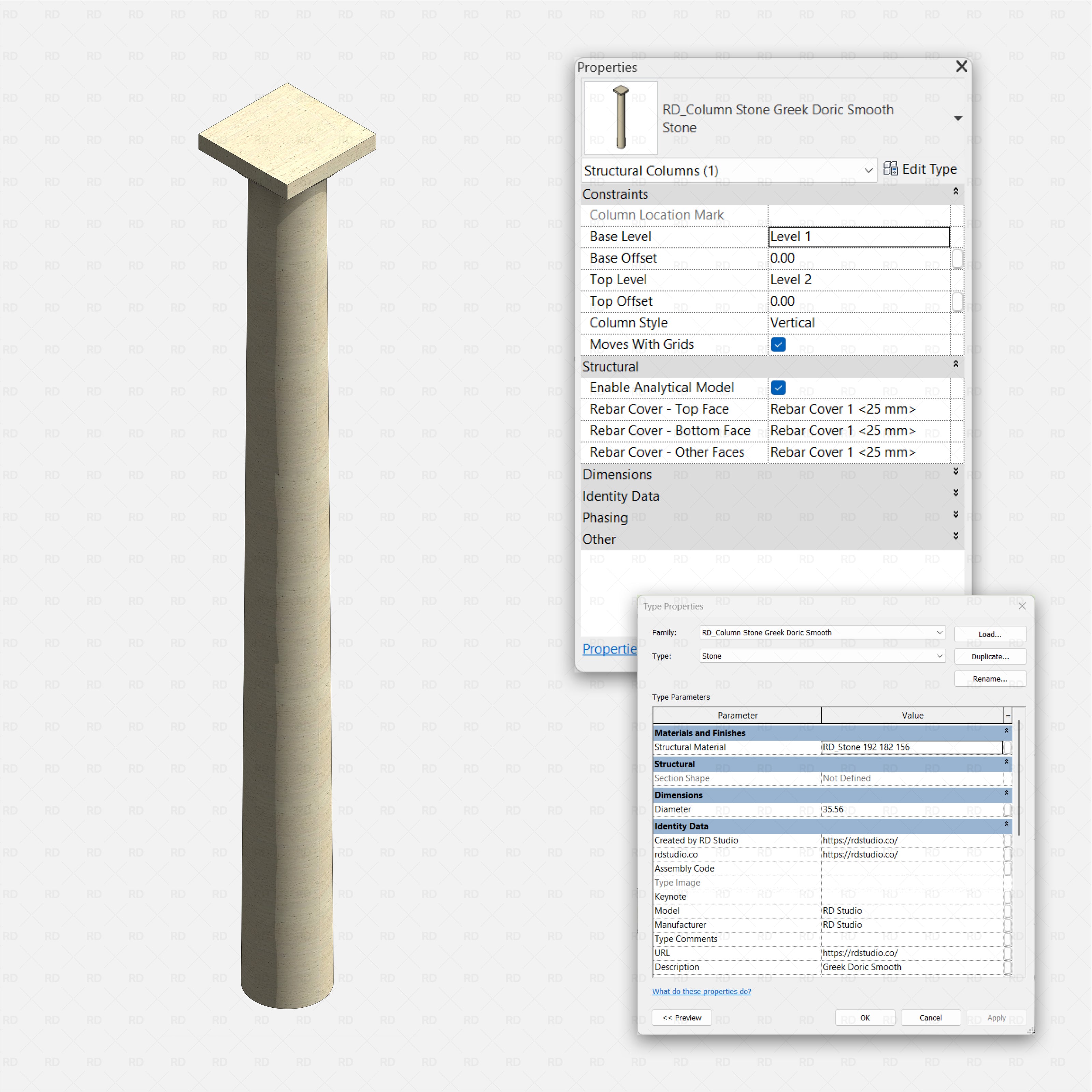 Revit classical stone columns Pack RD Studio BIM blocks rfa Greek Doric smooth stone structural column family in properties view