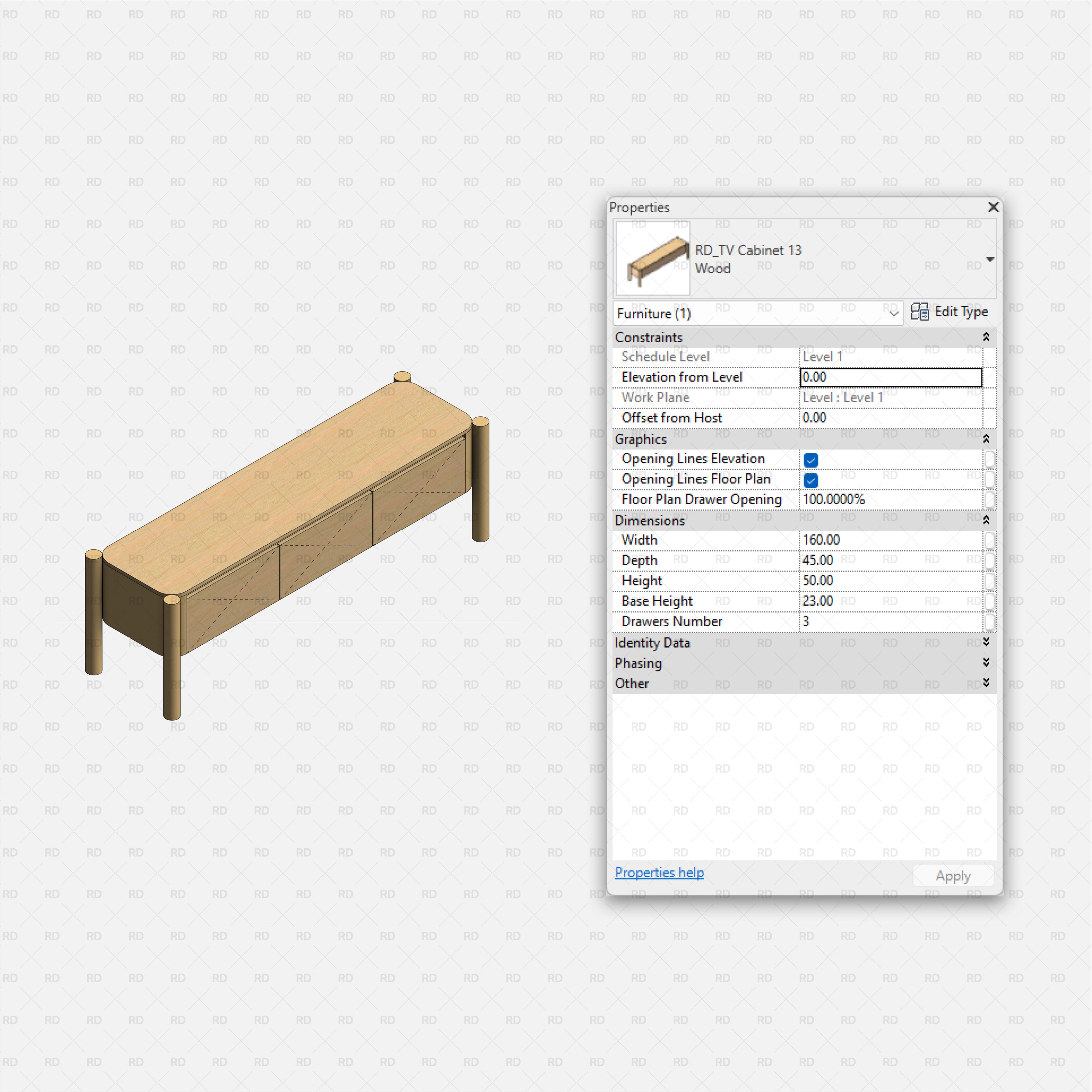 revit tv stands RD Studio BIM blocks rfa – TV Cabinet 13 With Three Drawers And Round Corner Posts