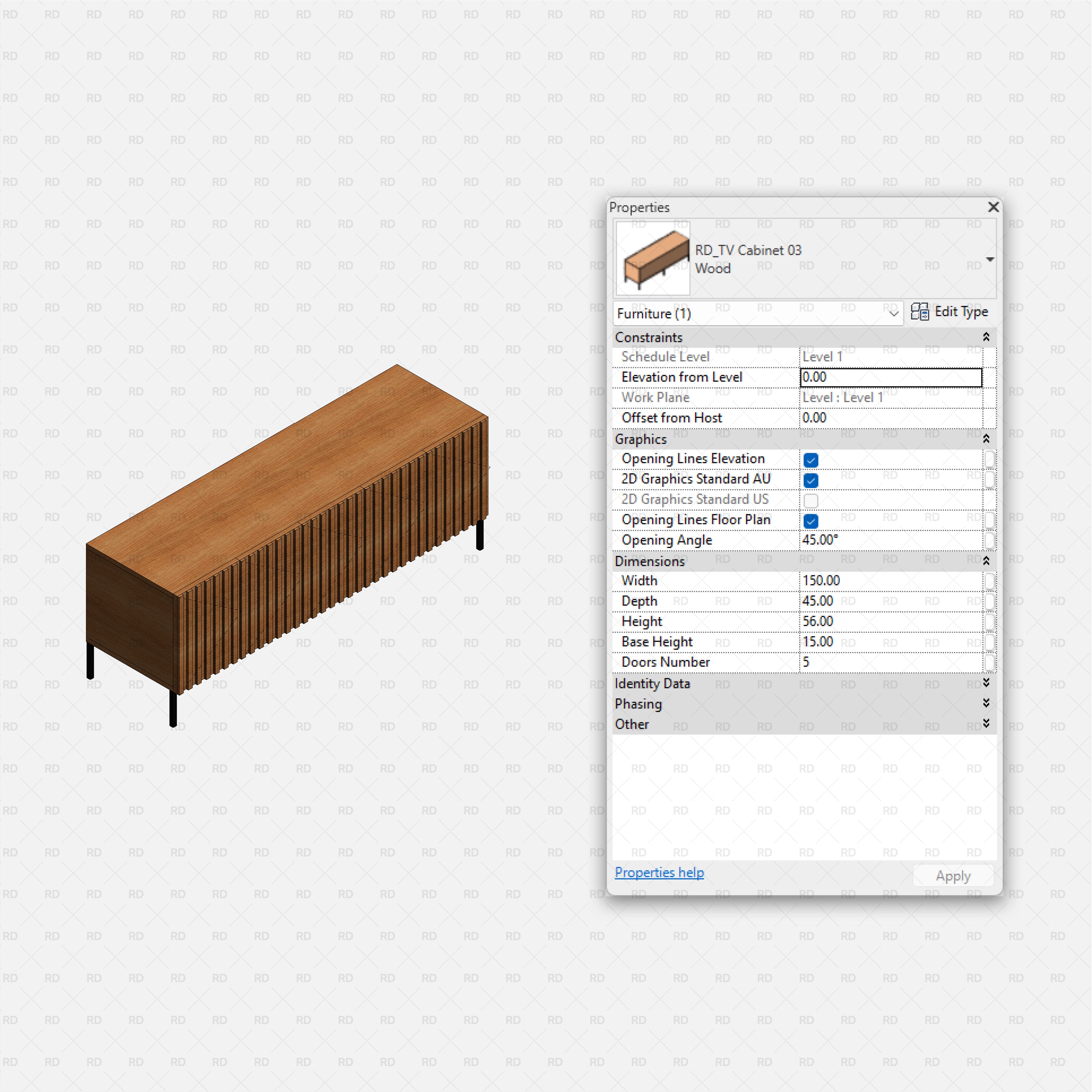 revit tv stands RD Studio BIM blocks rfa — Cabinet 03, Slatted Front TV Console On Legs