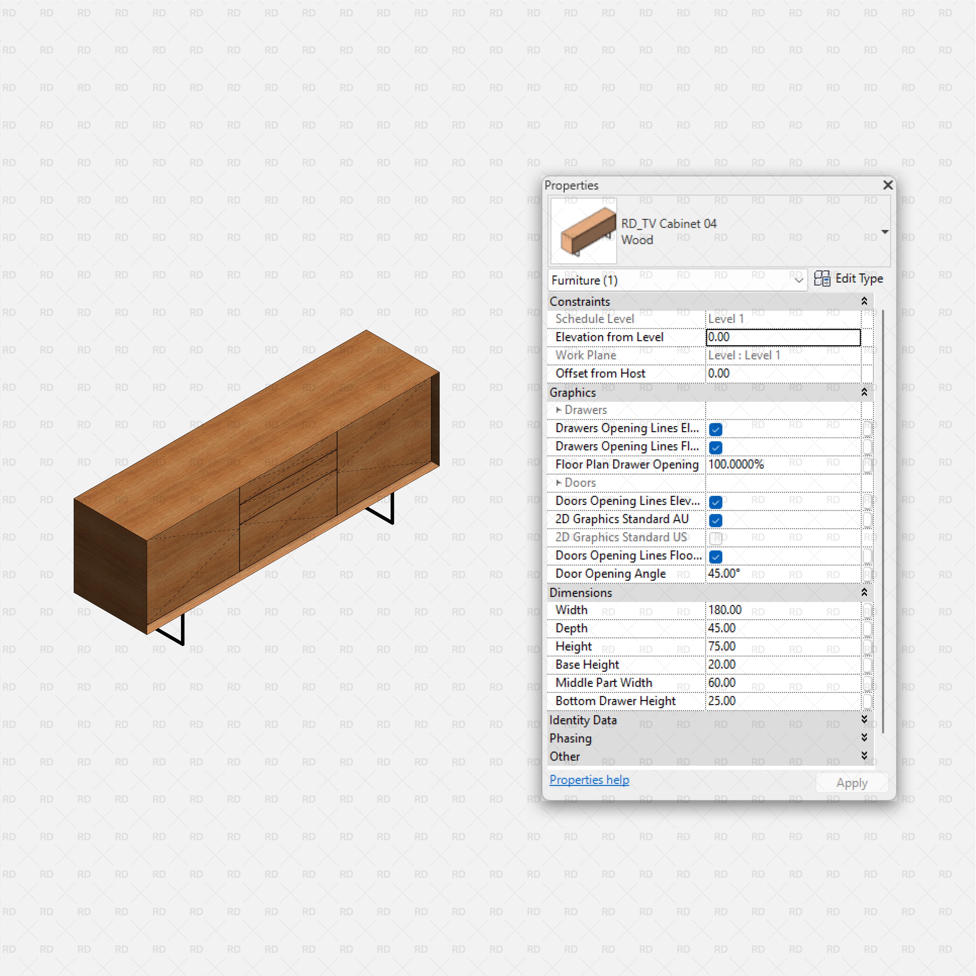 revit tv stands RD Studio BIM blocks rfa — Cabinet 04, Center Drawers With Side Doors On Metal Legs