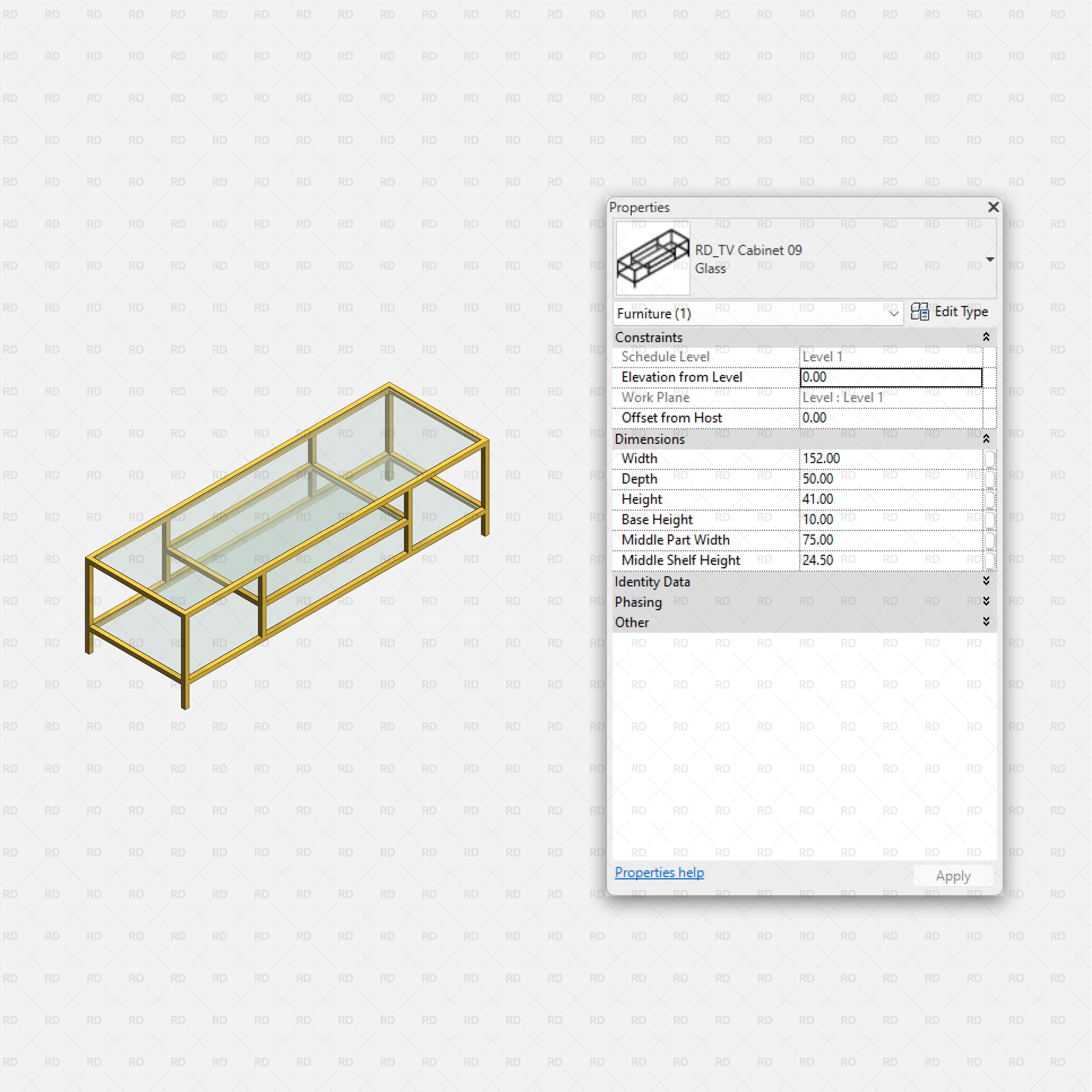 revit tv stands RD Studio BIM blocks rfa – Glass And Brass TV Cabinet 09 With Open Shelving