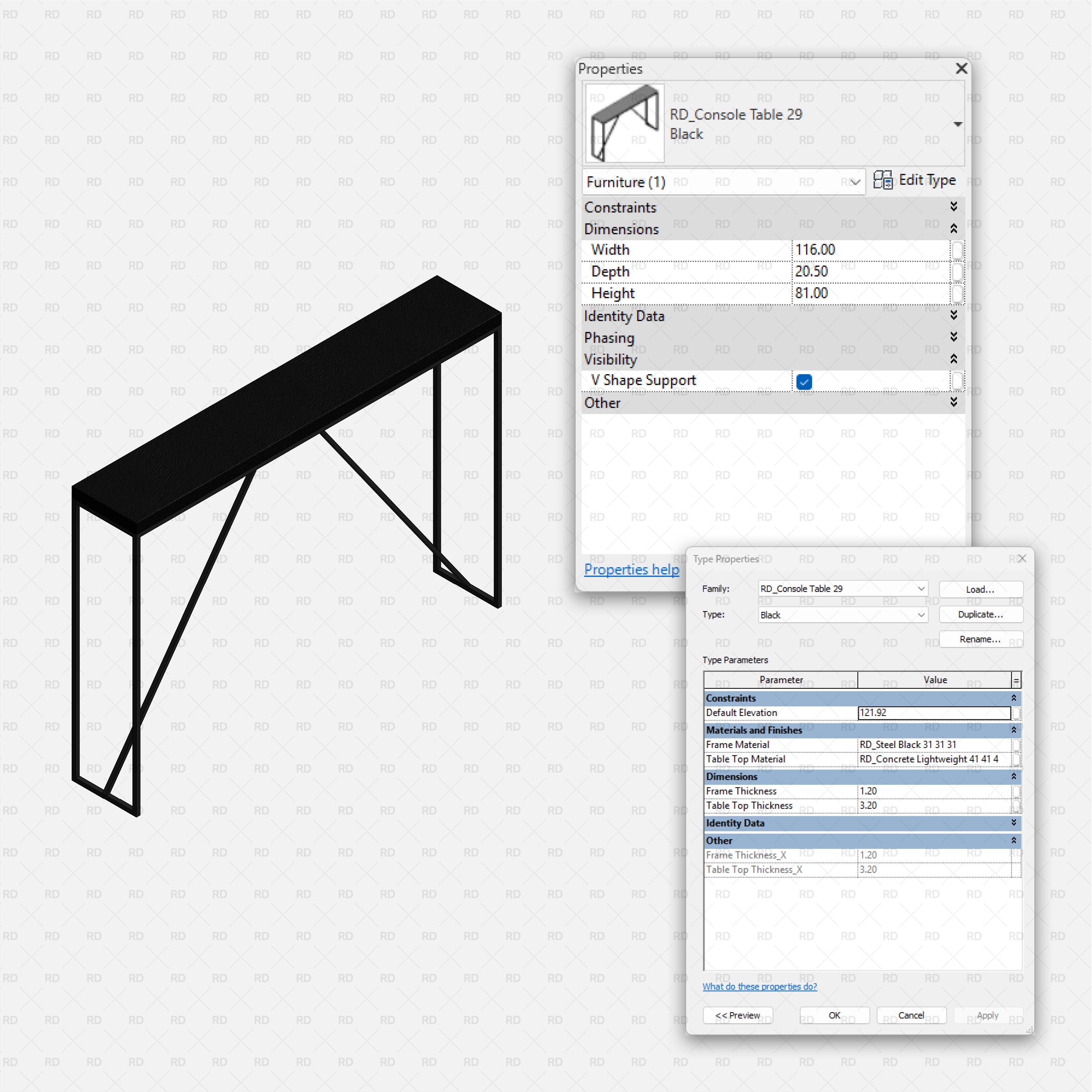 revit metal console table RD Studio BIM blocks rfa, slim console with V-brace support under top