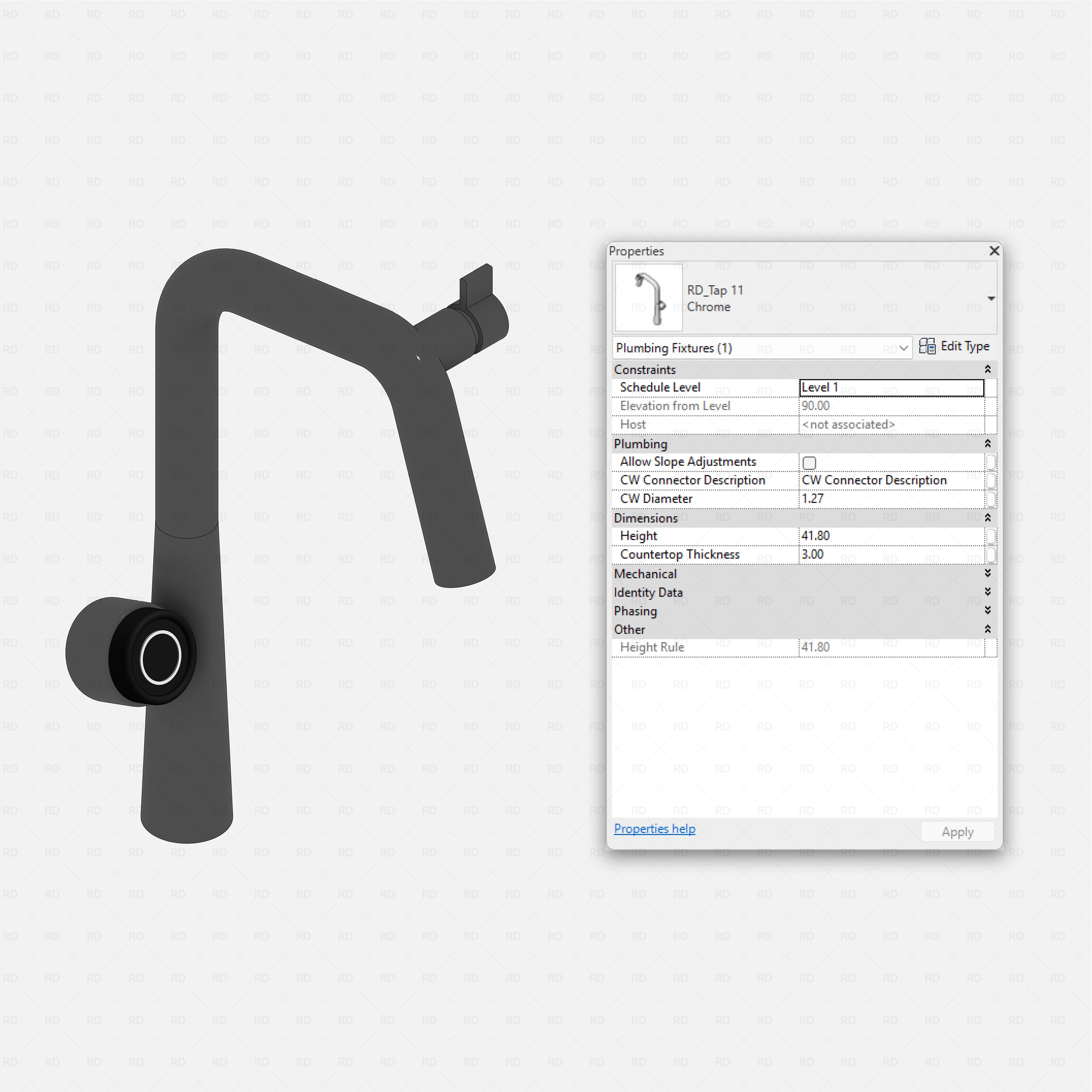 revit taps pro pack RD Studio BIM blocks rfa modern sculpted tap type 11 with Revit parameters panel