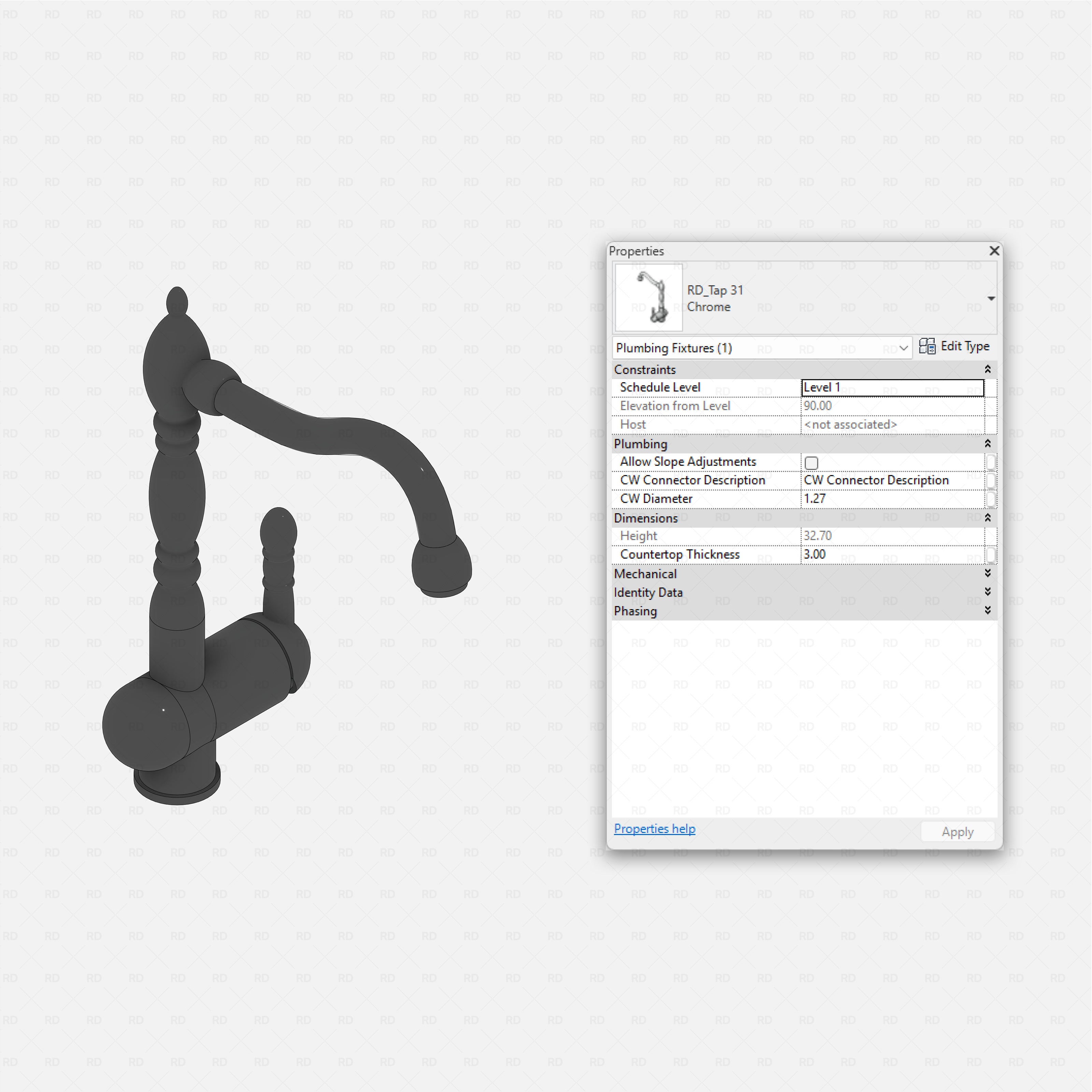 revit taps pro pack RD Studio BIM blocks rfa classic curved spout tap type 31 with Revit settings