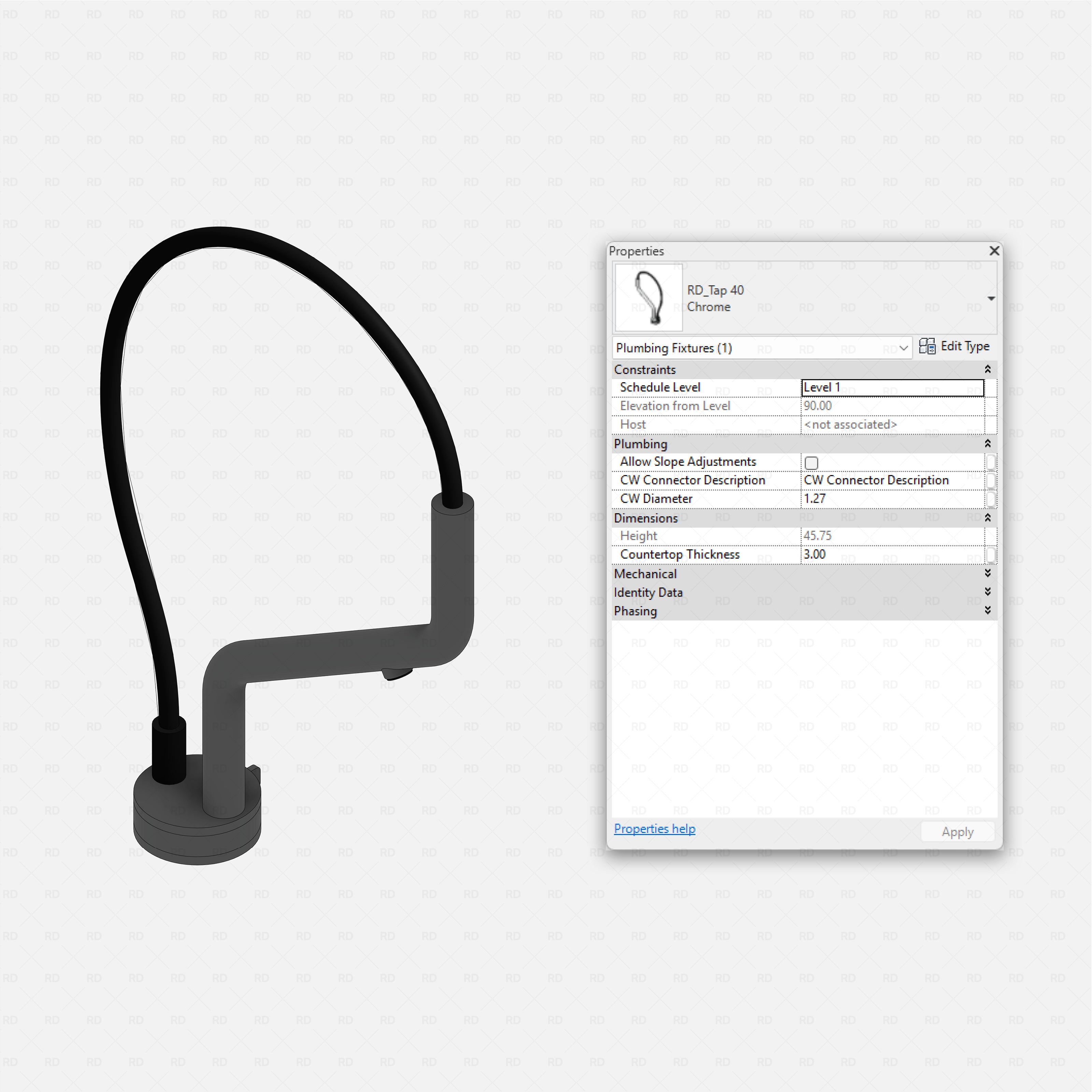 revit taps pro pack RD Studio BIM blocks rfa flexible gooseneck kitchen mixer tap 3D Revit view