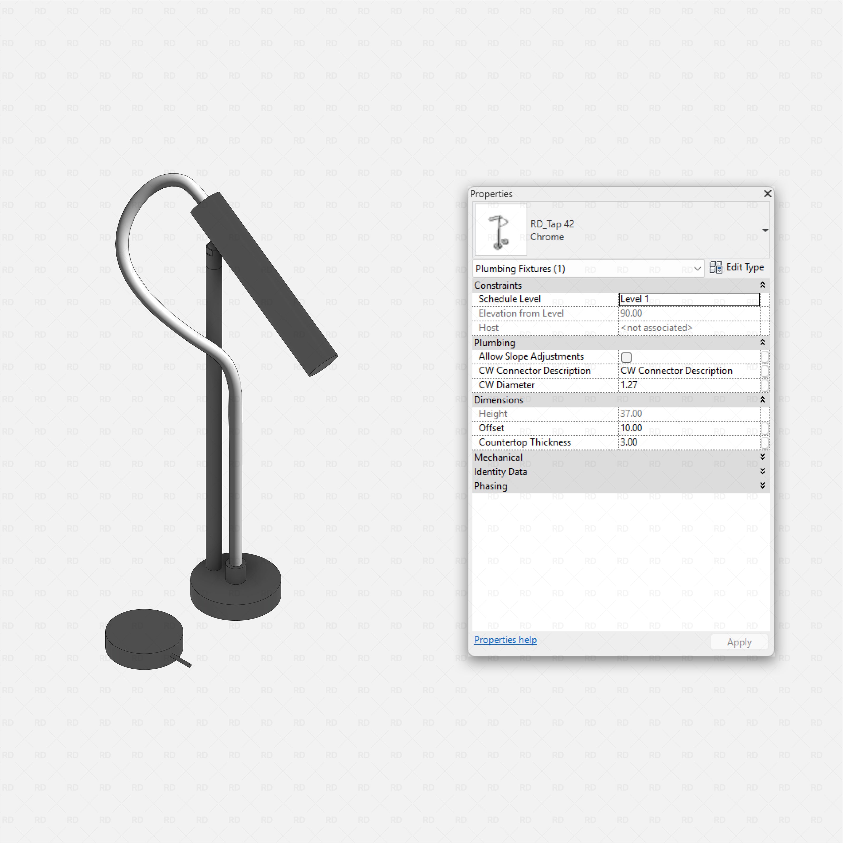 revit taps pro pack RD Studio BIM blocks rfa tall sculptural deck tap with side spray 3D Revit render