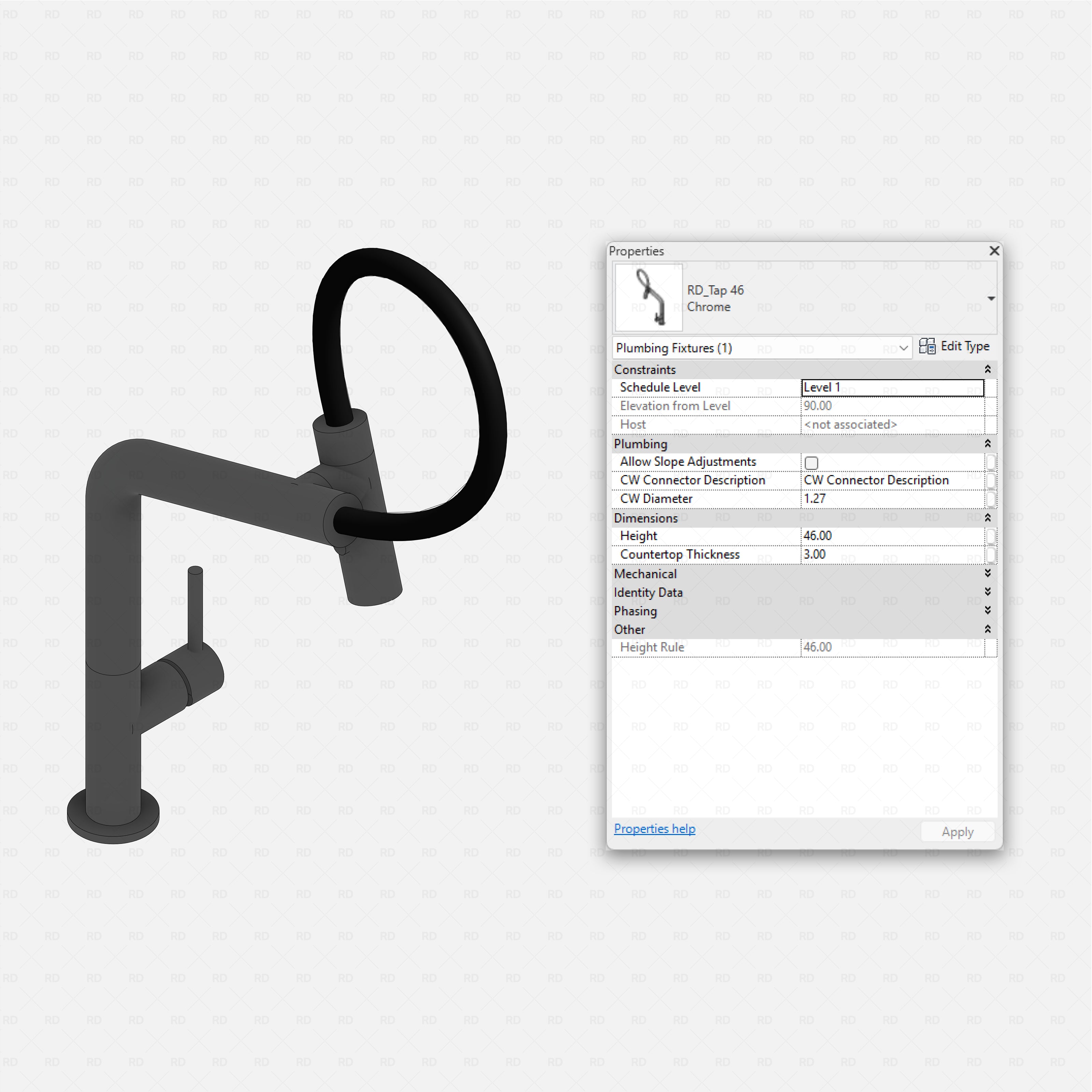 revit taps pro pack RD Studio BIM blocks rfa pro-style mixer tap with looped hose 3D Revit family