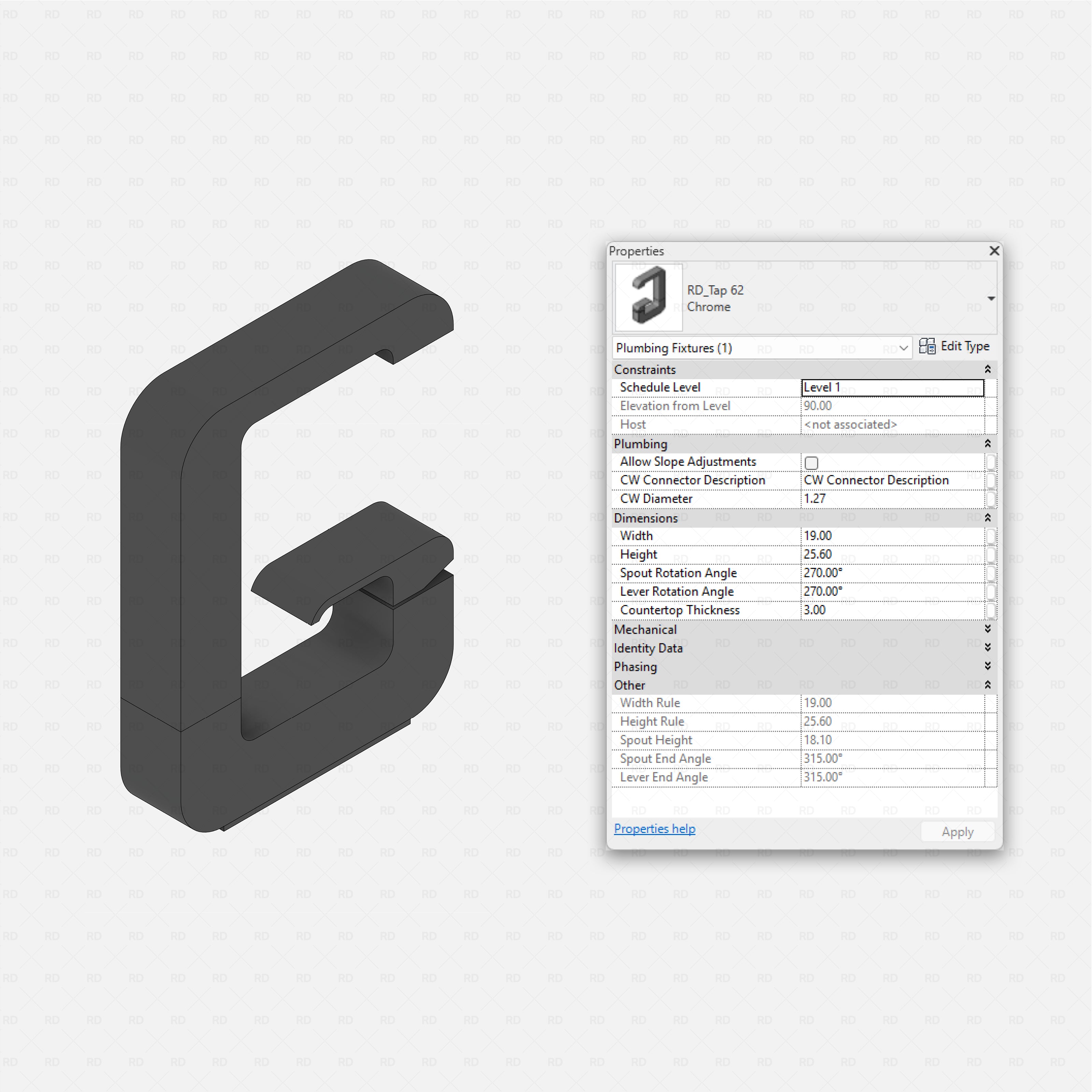 revit taps pro pack RD Studio BIM blocks rfa modern square clamp-style mixer tap 3D Revit component