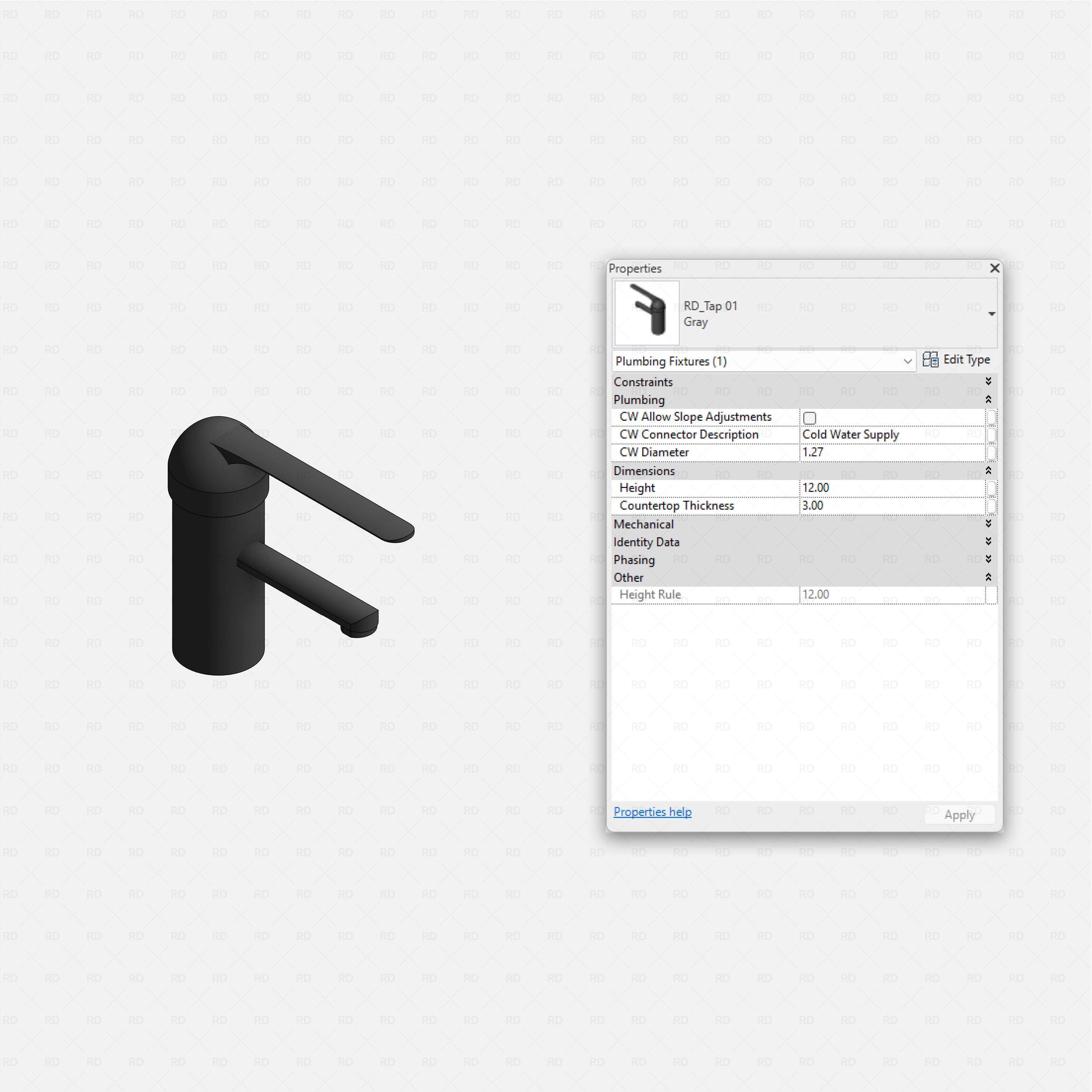 revit taps starter pack RD Studio BIM blocks rfa single lever basin mixer tap family with properties panel