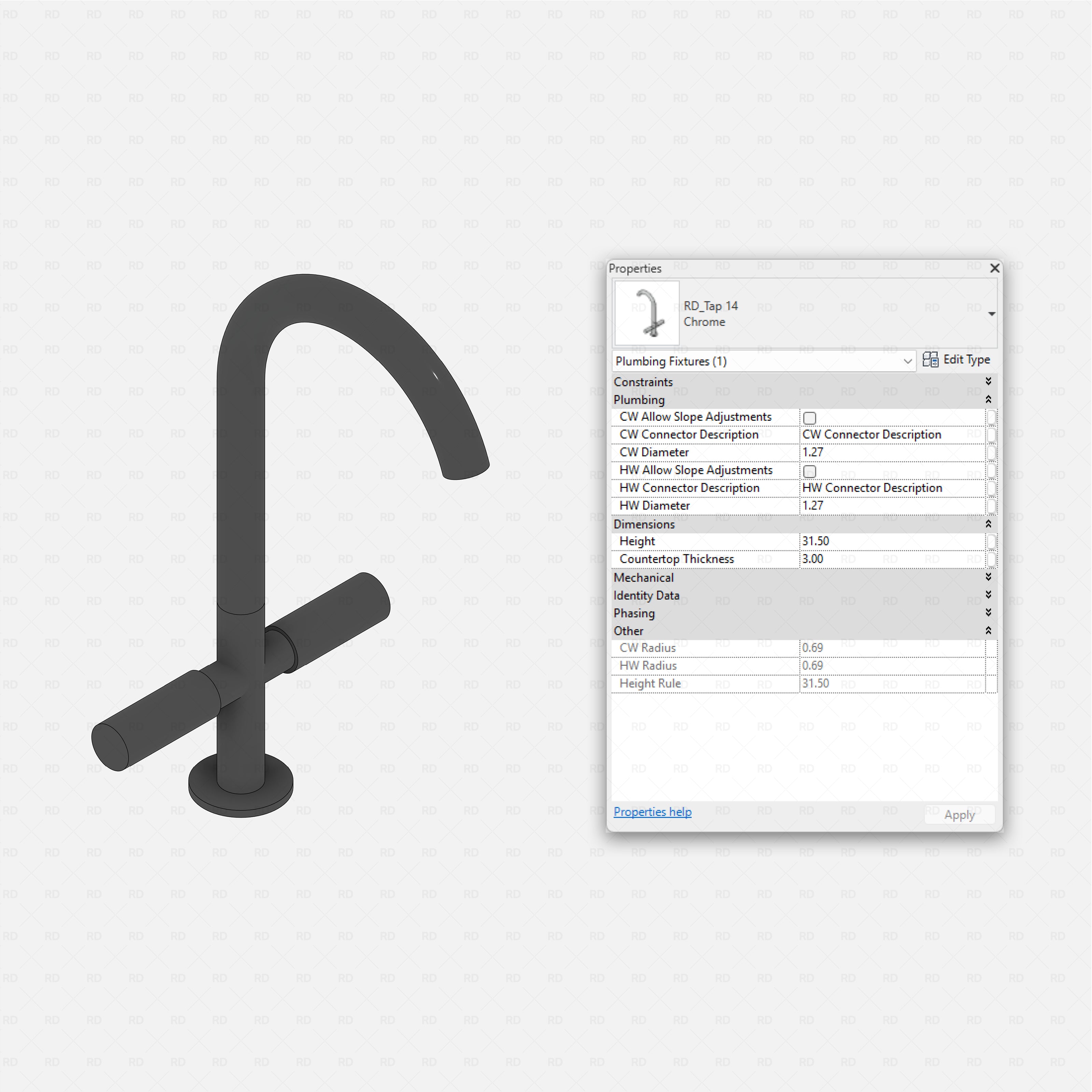 revit taps starter pack RD Studio BIM blocks rfa crossbar handle gooseneck mixer tap rfa
