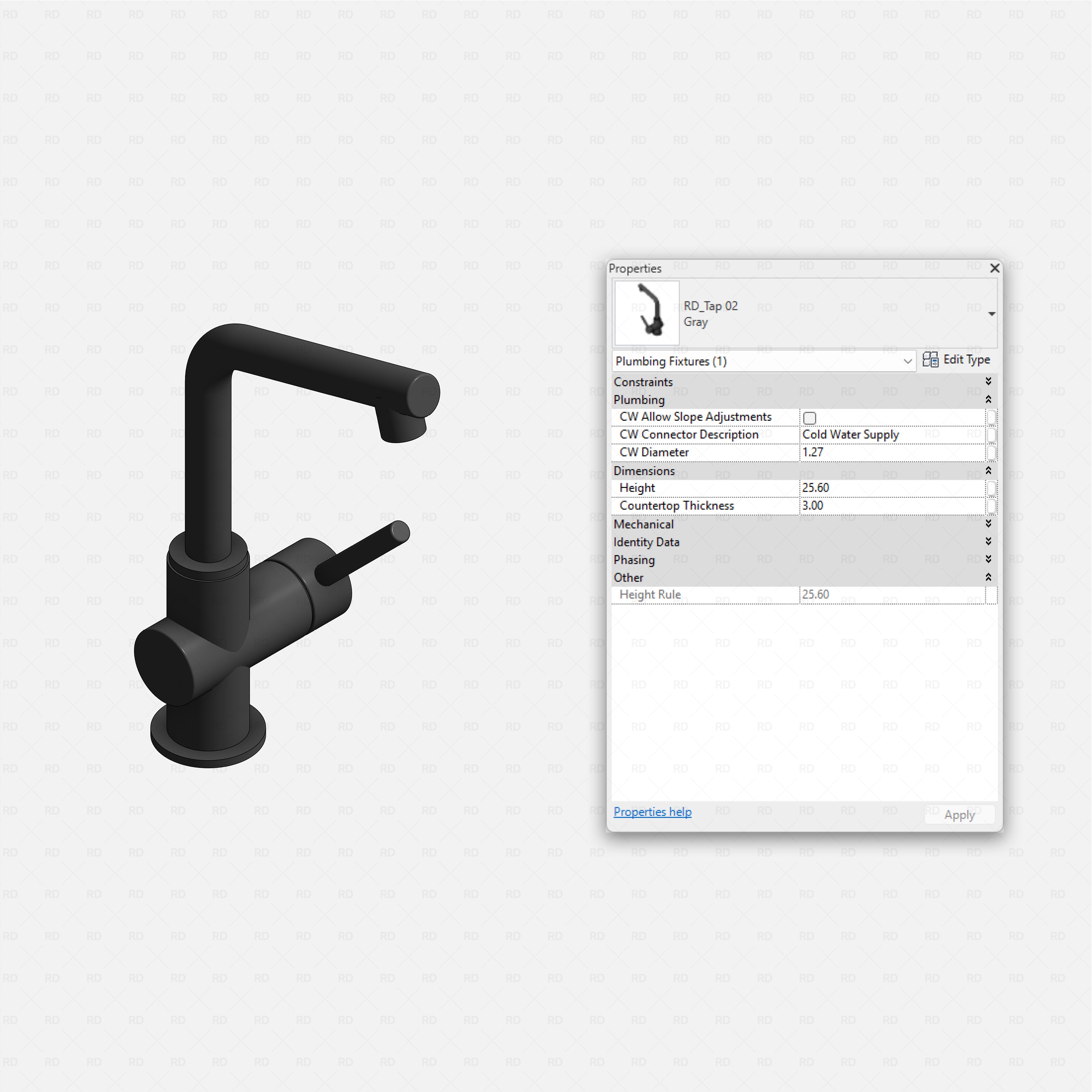 revit taps starter pack RD Studio BIM blocks rfa monochrome presentation of tap families