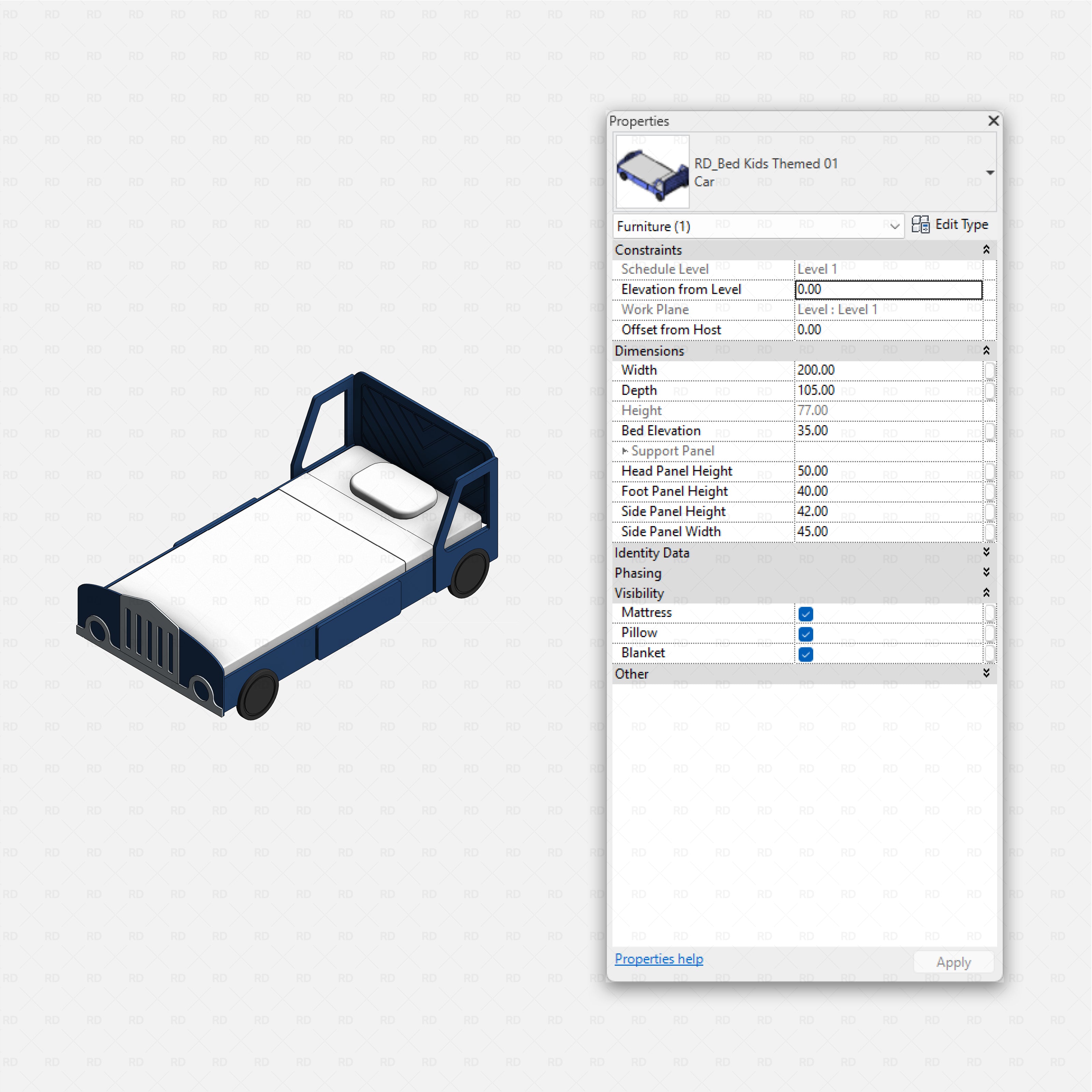 Revit Themed Kids Beds Pack RD Studio BIM blocks rfa, blue jeep style car bed with mattress and pillow