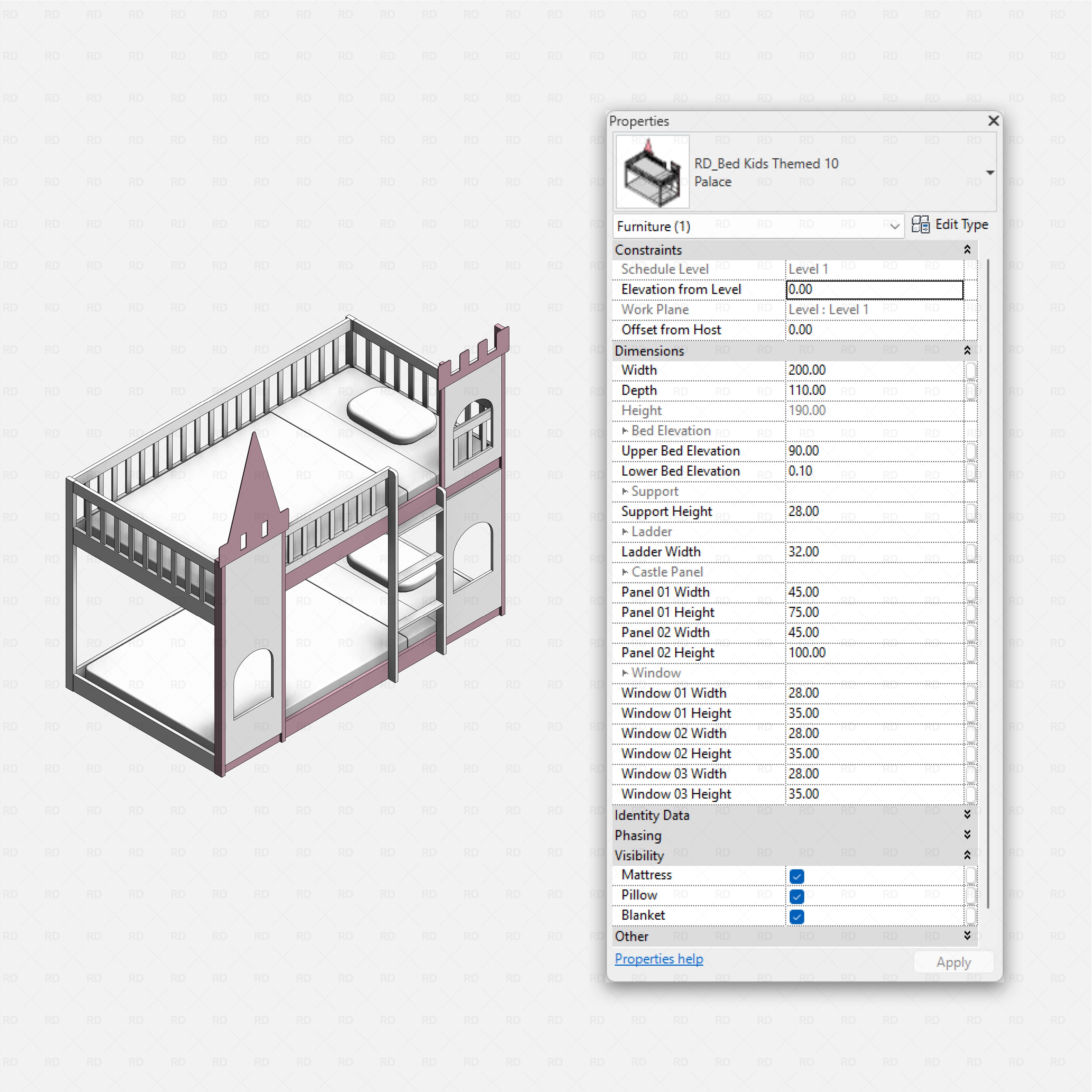Revit Themed Kids Beds Pack RD Studio BIM blocks rfa castle bunk bed with twin mattresses, towers, and guardrail ladder