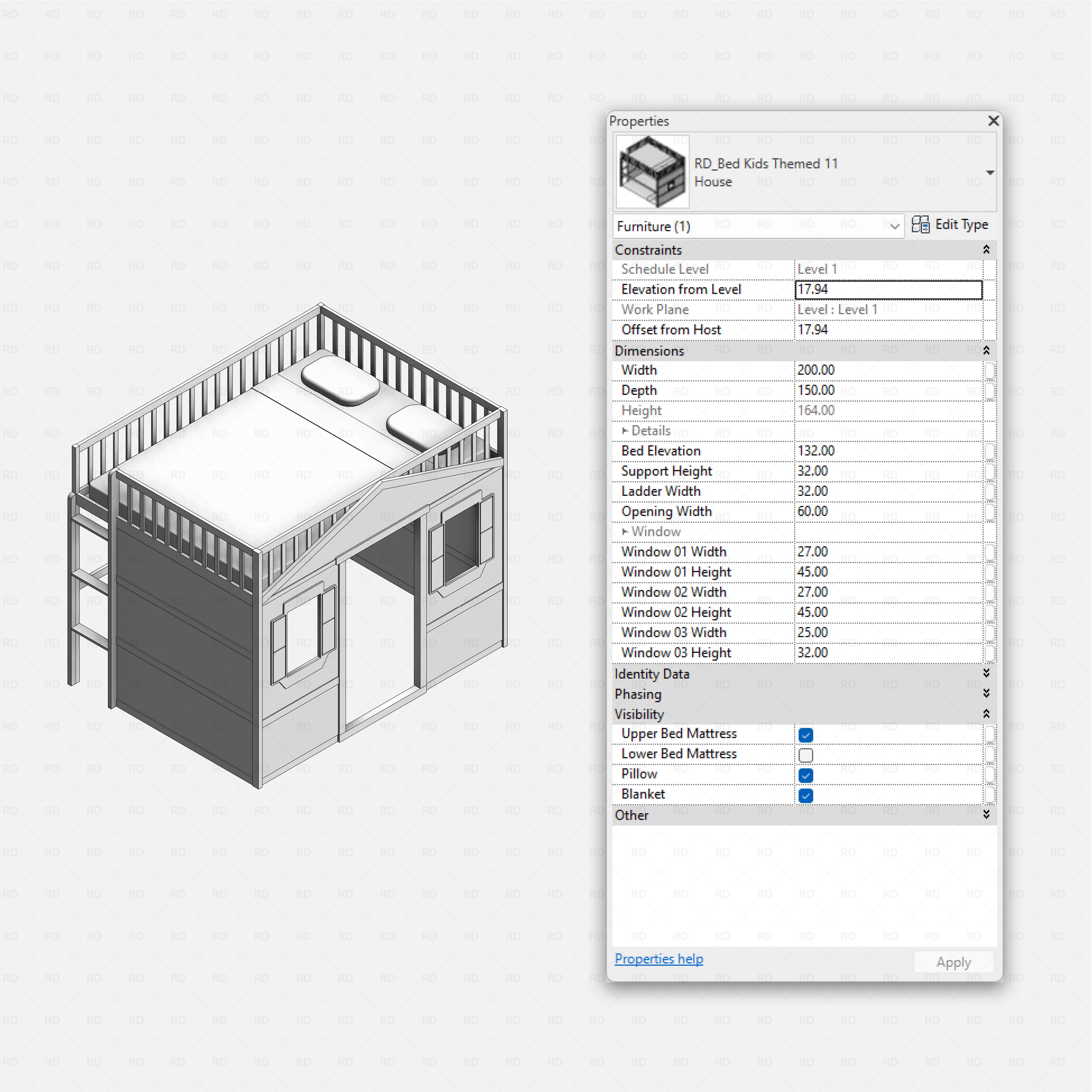 Revit Themed Kids Beds Pack RD Studio BIM blocks rfa modern house bunk bed with windows, upper deck, and lower play area