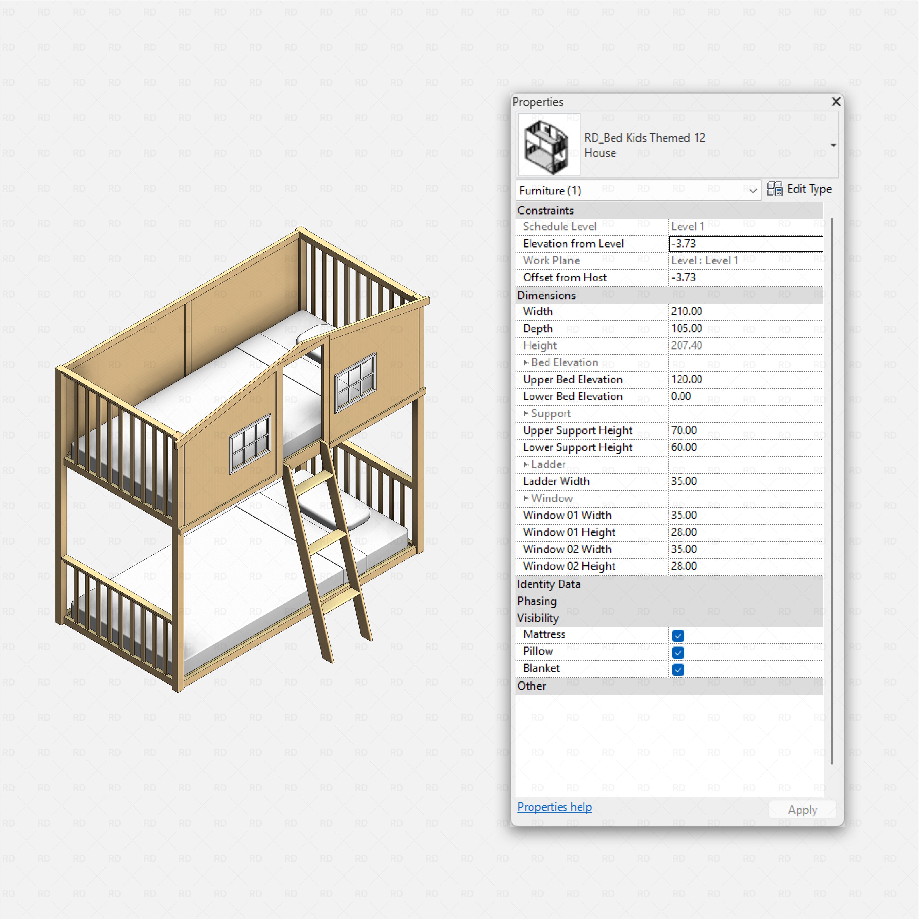 Revit Themed Kids Beds Pack RD Studio BIM blocks rfa wooden house bunk bed with ladder, railings, and two stacked beds