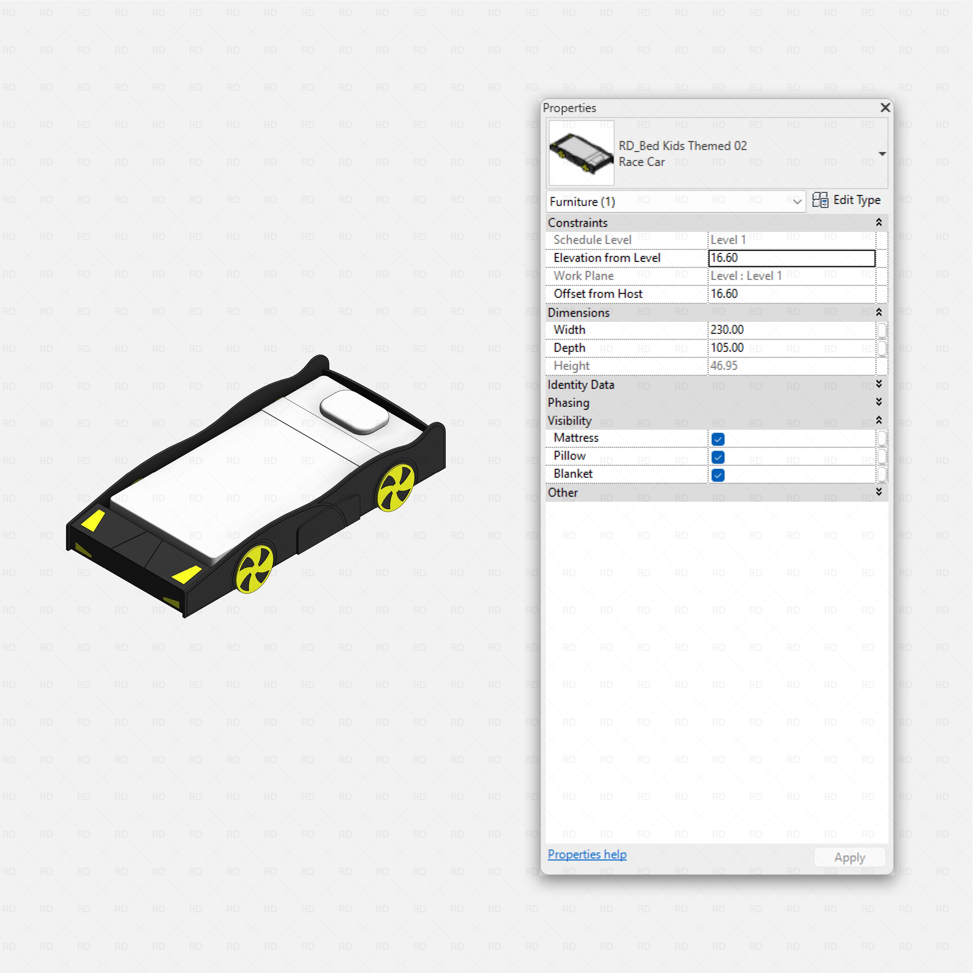 Revit Themed Kids Beds Pack RD Studio BIM blocks rfa, low black race car bed with yellow wheels and mattress