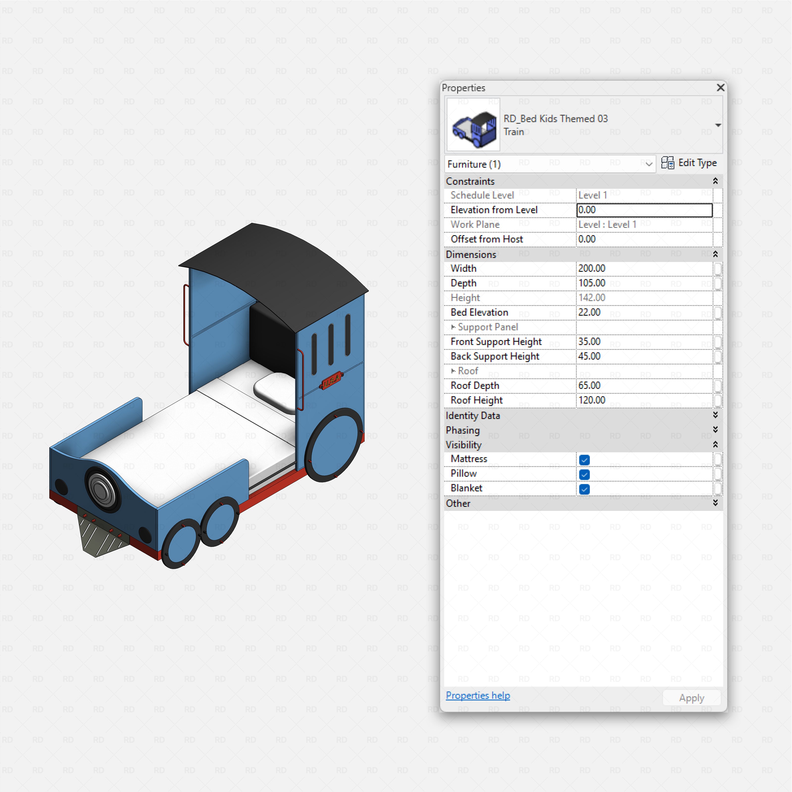 Revit Themed Kids Beds Pack RD Studio BIM blocks rfa, blue train themed kids bed with roofed cab and mattress