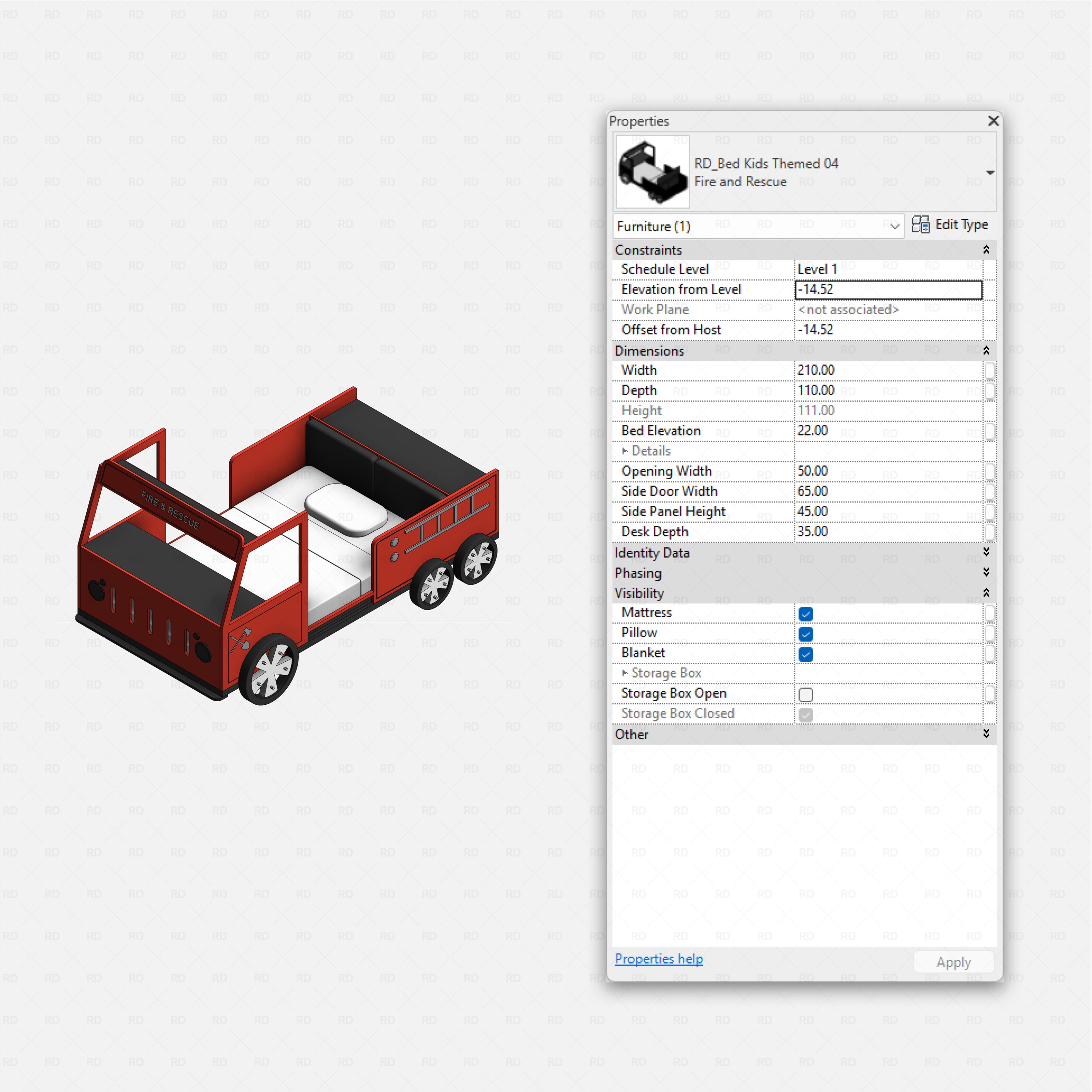 Revit Themed Kids Beds Pack RD Studio BIM blocks rfa, red fire and rescue truck bed with open rear platform