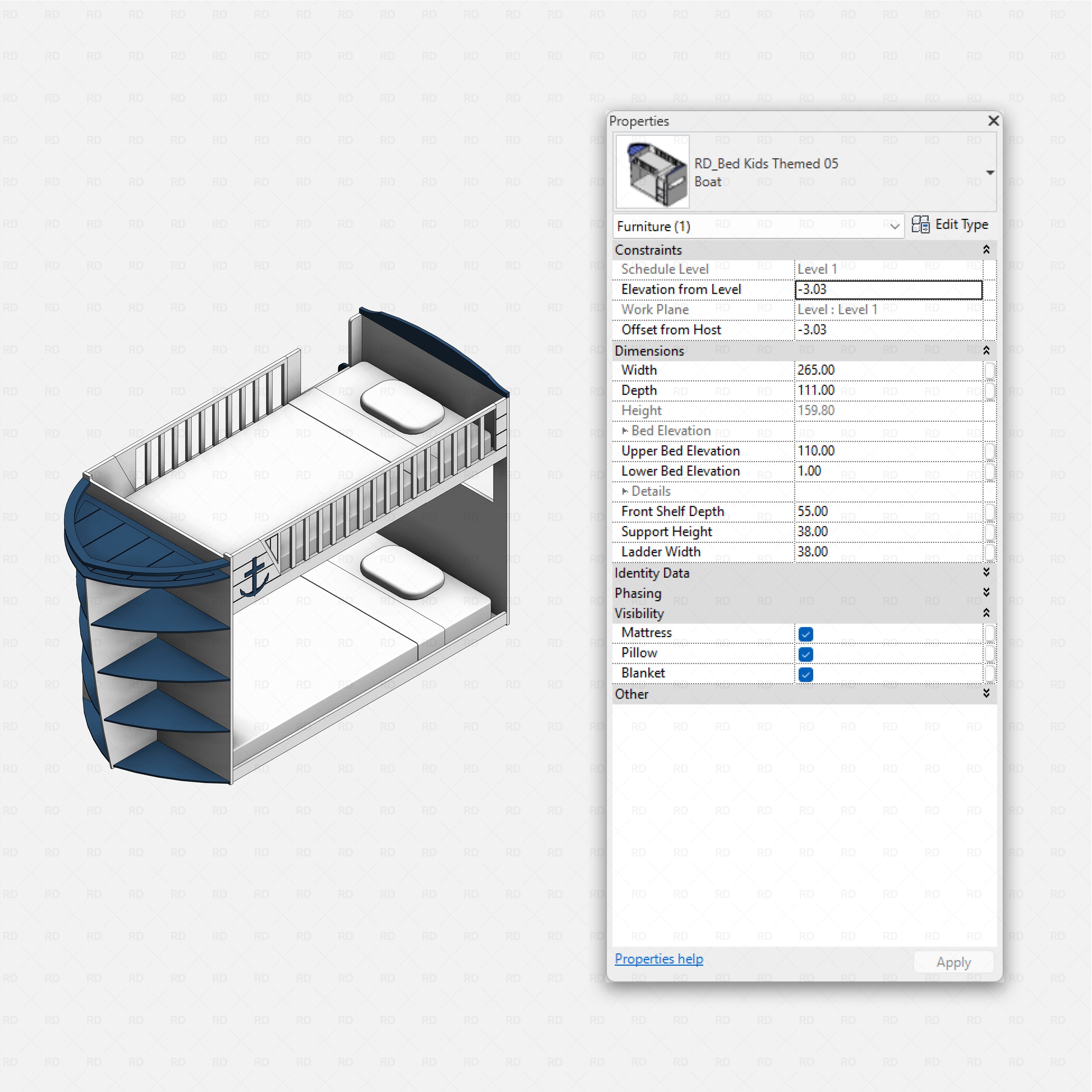 Revit Themed Kids Beds Pack RD Studio BIM blocks rfa, nautical bunk bed with boat bow shelves and two mattresses