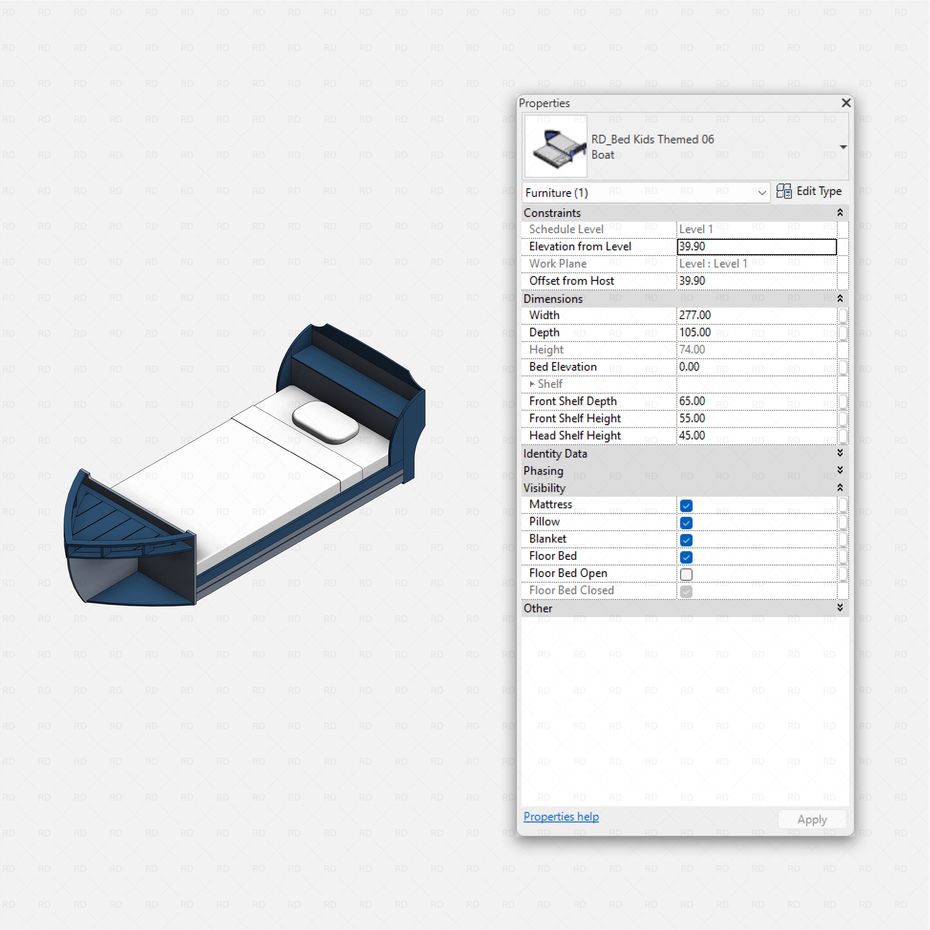 Revit Themed Kids Beds Pack RD Studio BIM blocks rfa, single boat bed with front storage compartment and bedding
