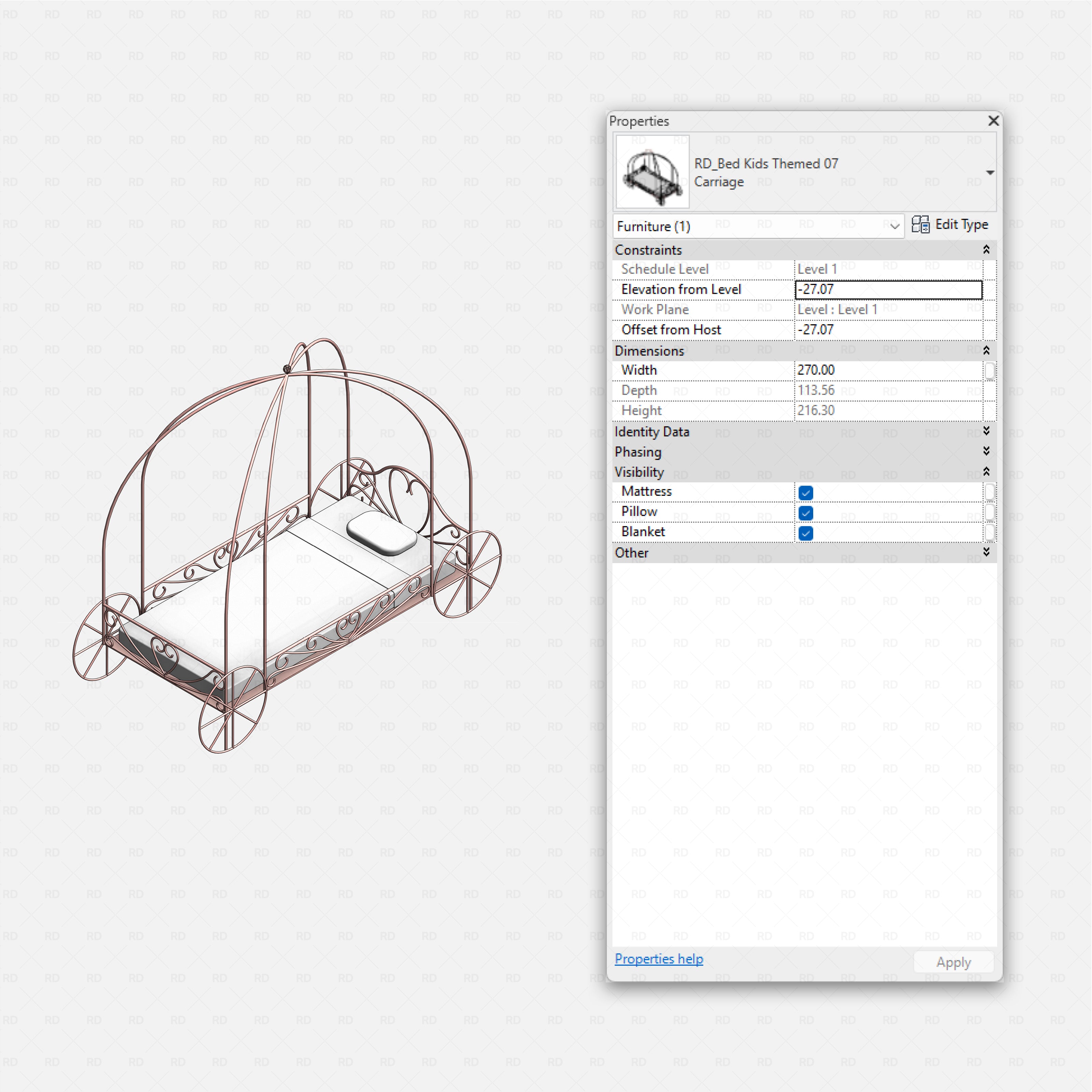 Revit Themed Kids Beds Pack RD Studio BIM blocks rfa carriage bed with metal pumpkin frame and raised mattress