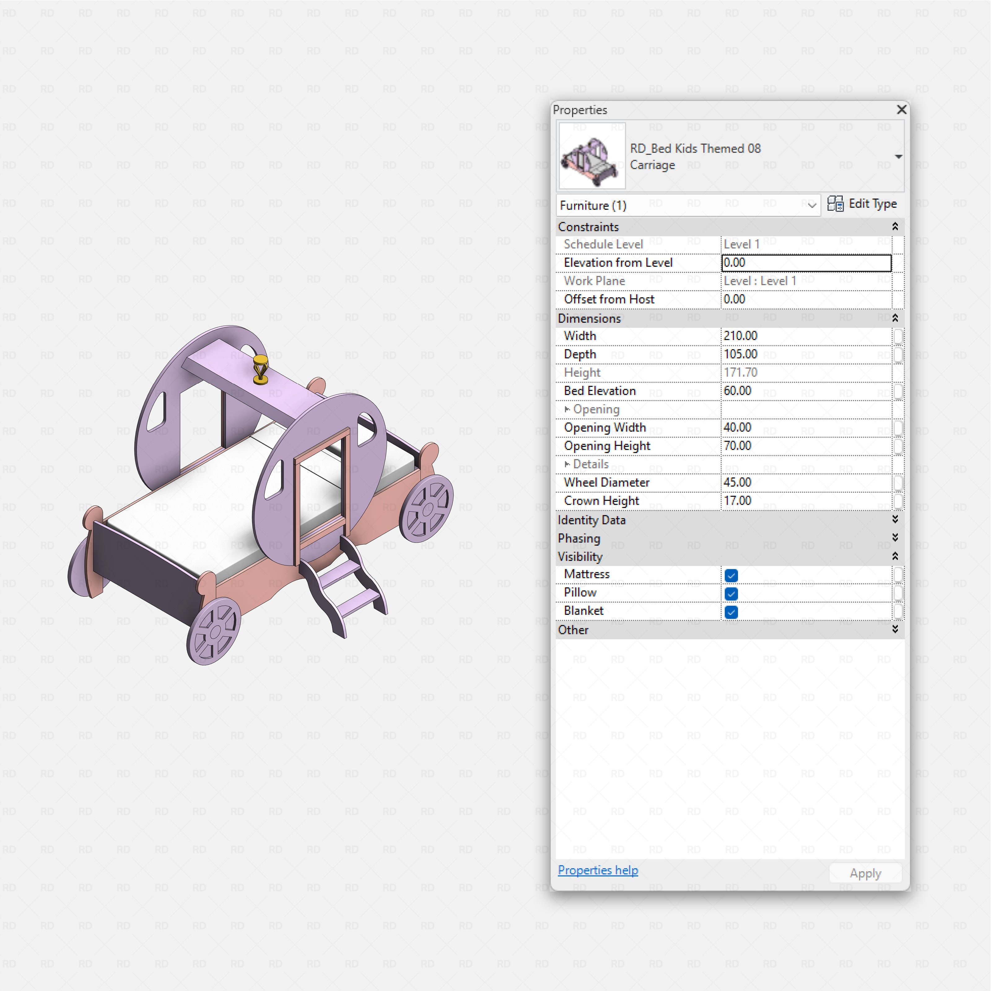 Revit Themed Kids Beds Pack RD Studio BIM blocks rfa pink carriage bed with stairs, rounded windows, and side wheels