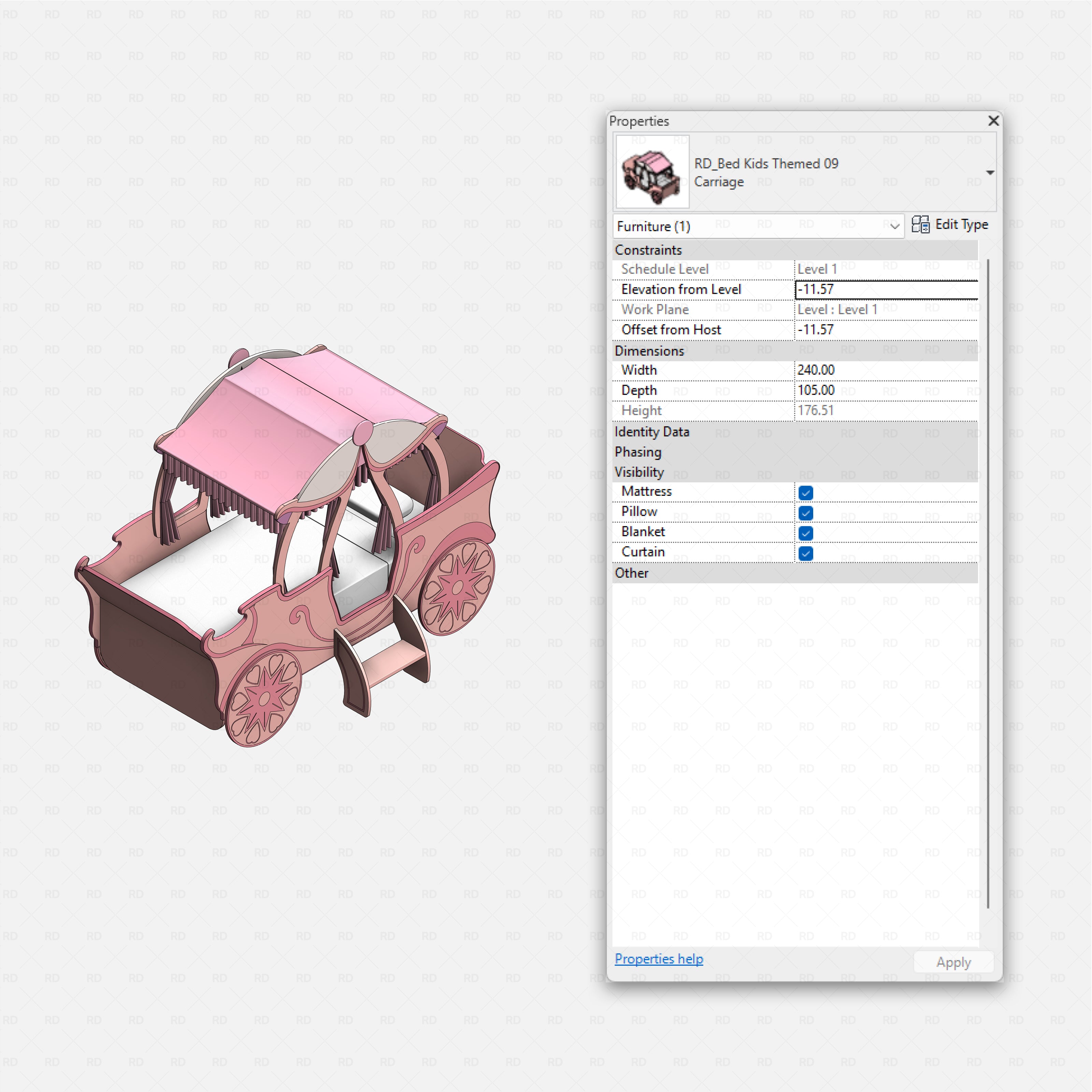Revit Themed Kids Beds Pack RD Studio BIM blocks rfa ornate carriage bed with pink canopy, curtains, and detailed wheels