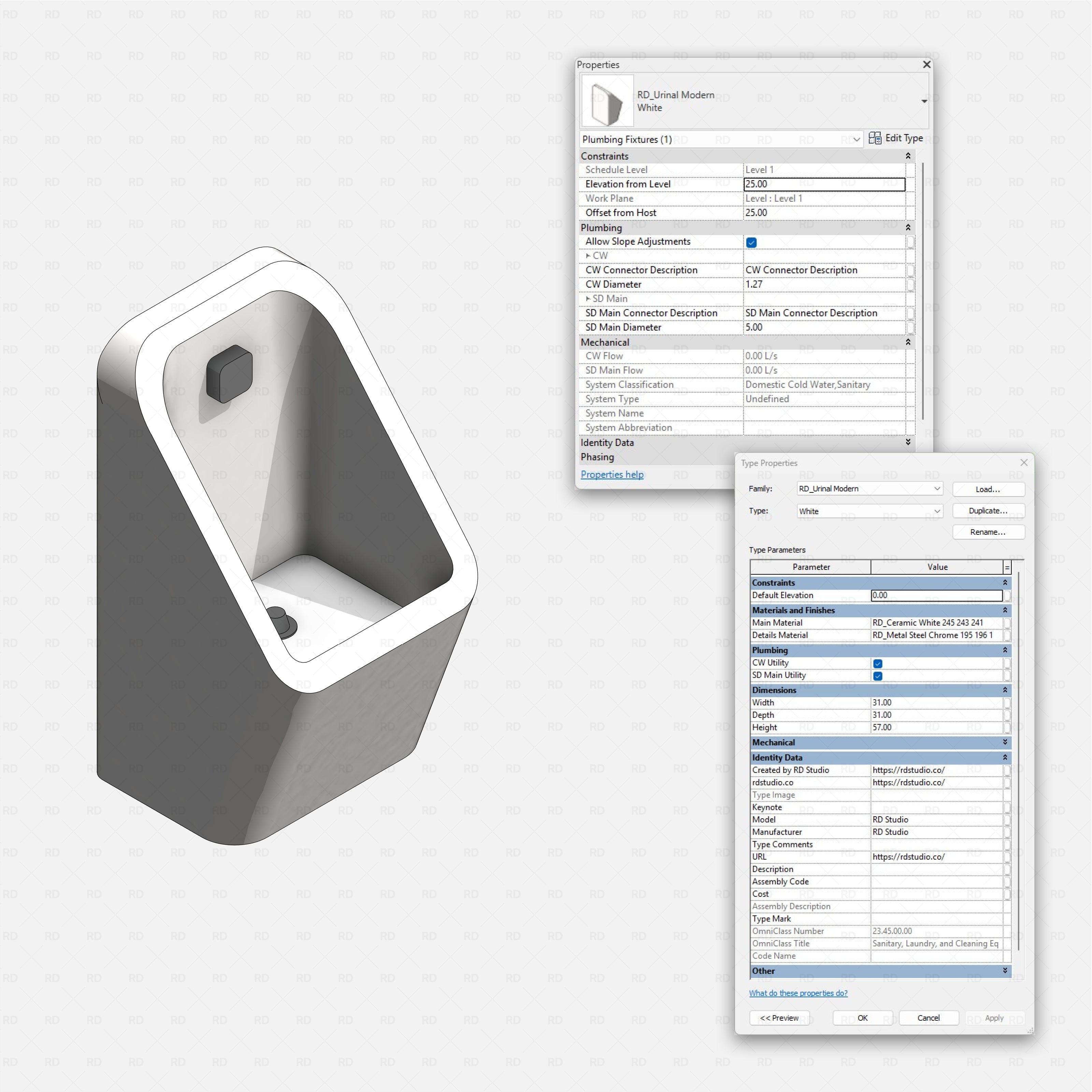 Revit toilets and bidets Pack RD Studio BIM blocks rfa realistic modern urinal