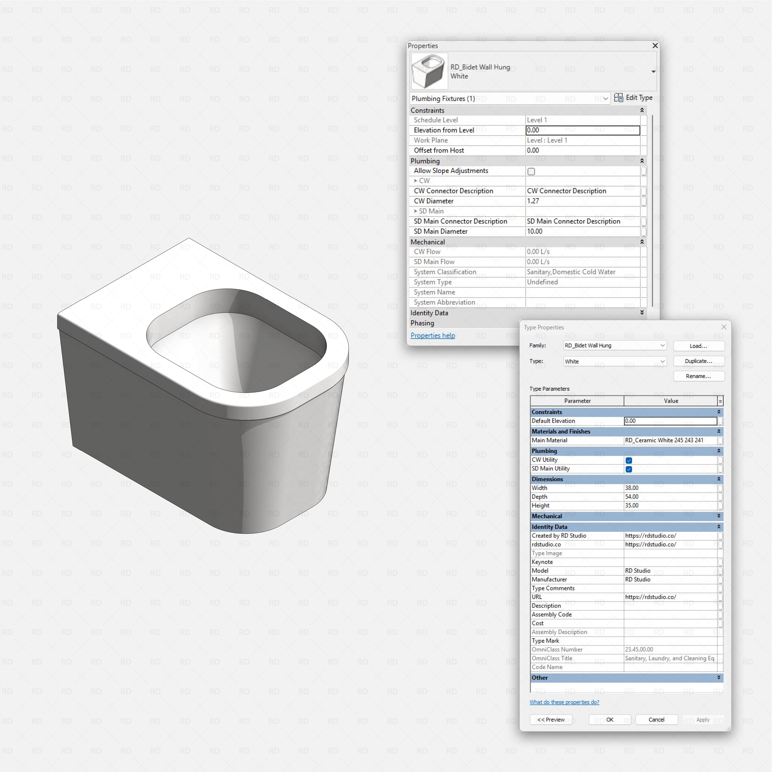 Revit toilets and bidets Pack RD Studio BIM blocks rfa realistic bidet wall hung